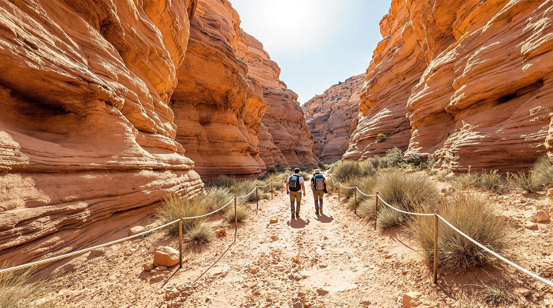 A wide-angle view of a desert canyon trail under sunny skies, with layered rock formations and two hikers walking along the path. A rope barrier indicates a closed section of the trail, captured in a realistic stock-photo style.