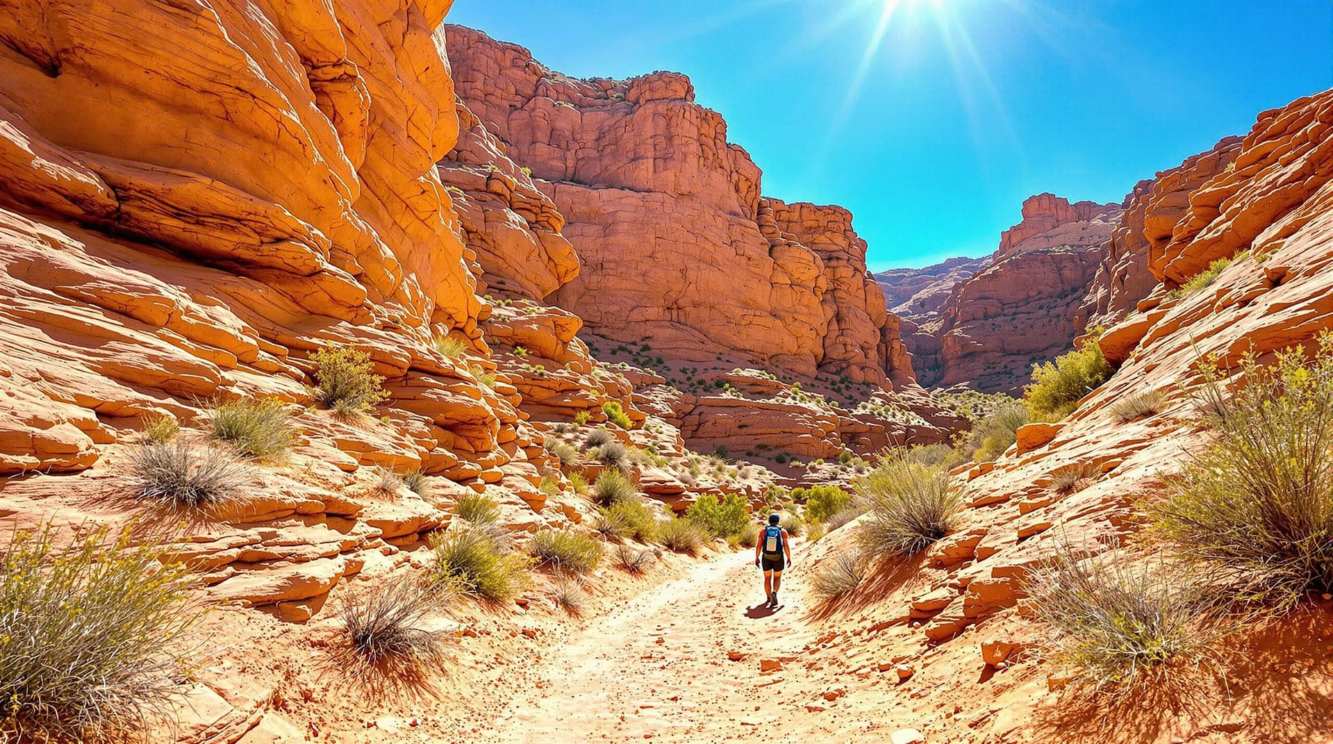 A sunlit hiking trail winding through a canyon with layered rock walls, sparse desert vegetation, and a clear blue sky.