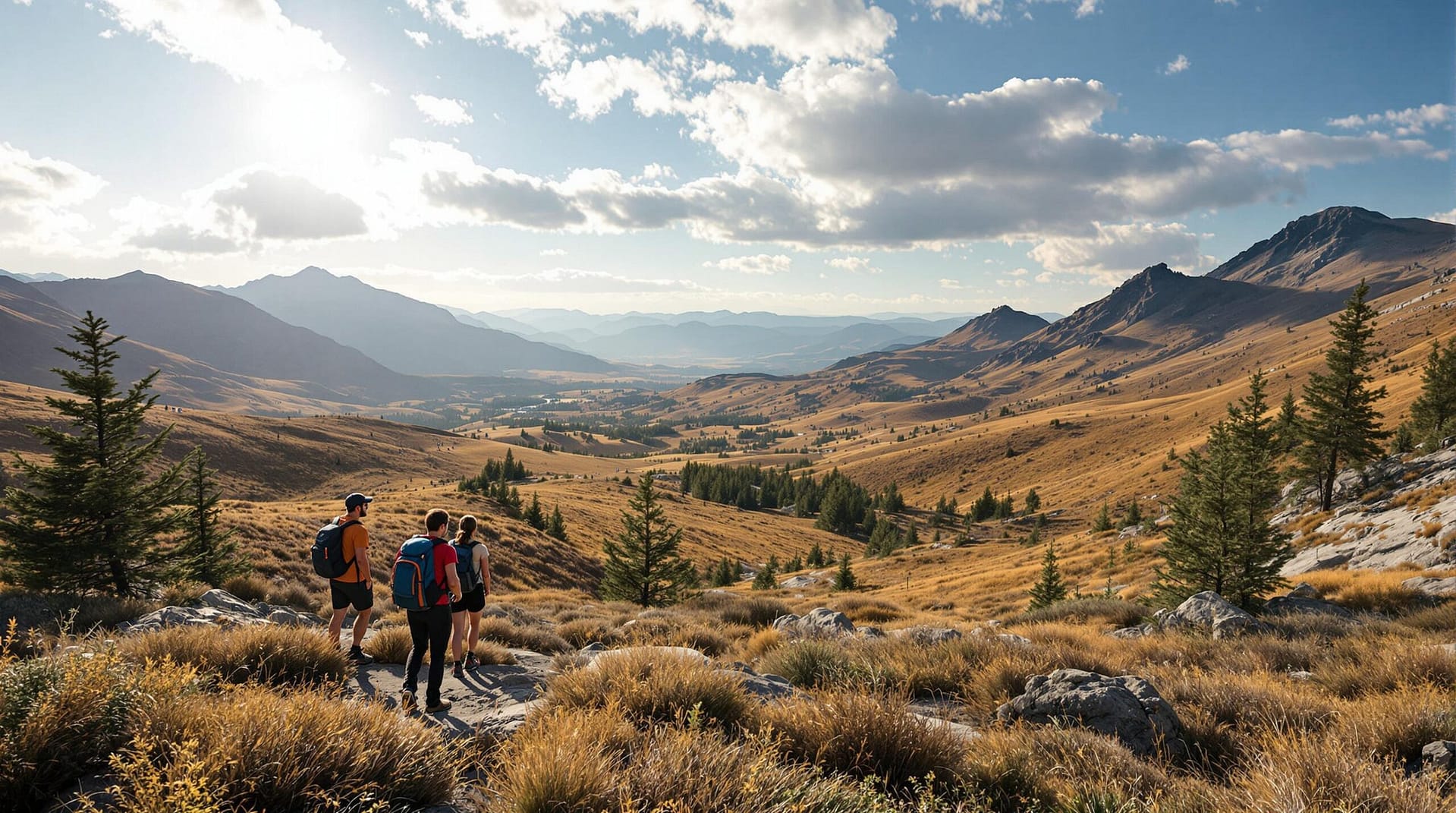 A group of hikers with backpacks stands in the foreground, overlooking a vast, rolling wilderness with scattered conifer trees under a partly cloudy sky. The scene captures the essence of newly accessible public land, emphasizing freedom and exploration.