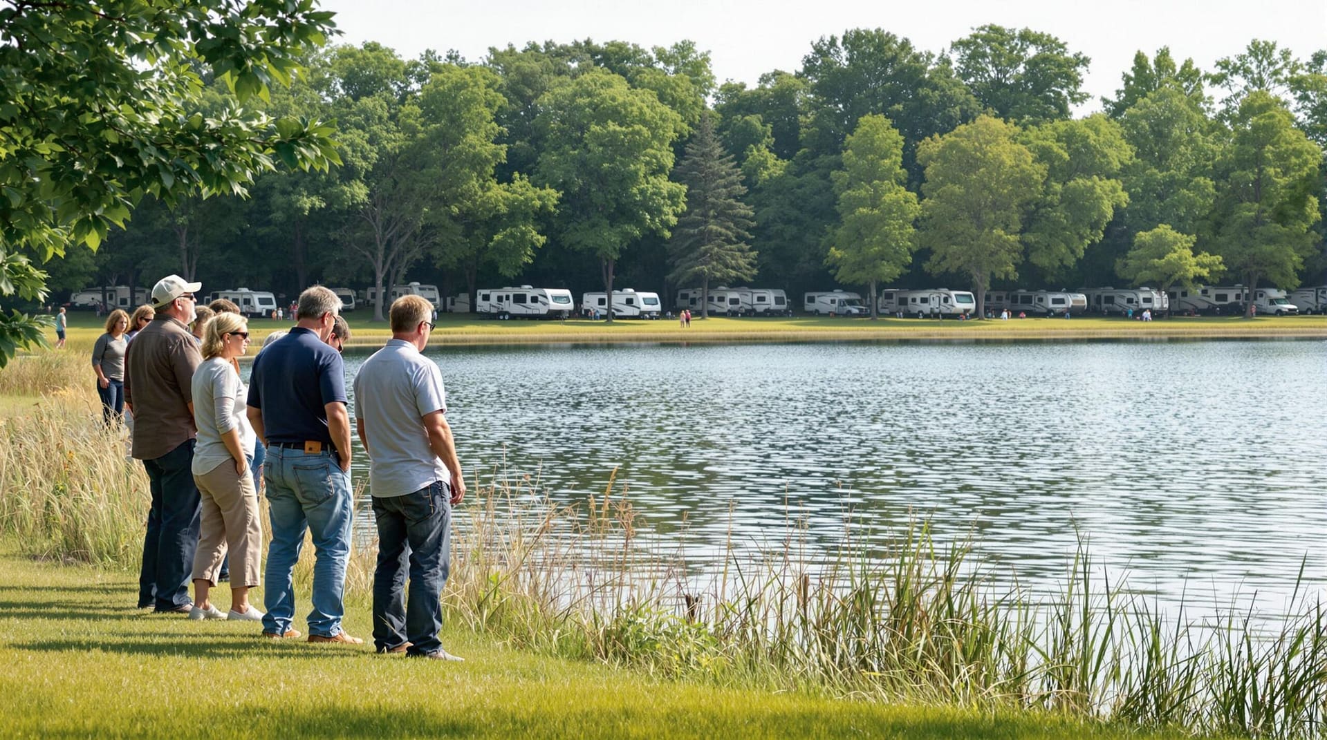 A group of concerned residents standing on a grassy lakeshore with trees in the background, expressing opposition to RV resort expansion plans across the lake.