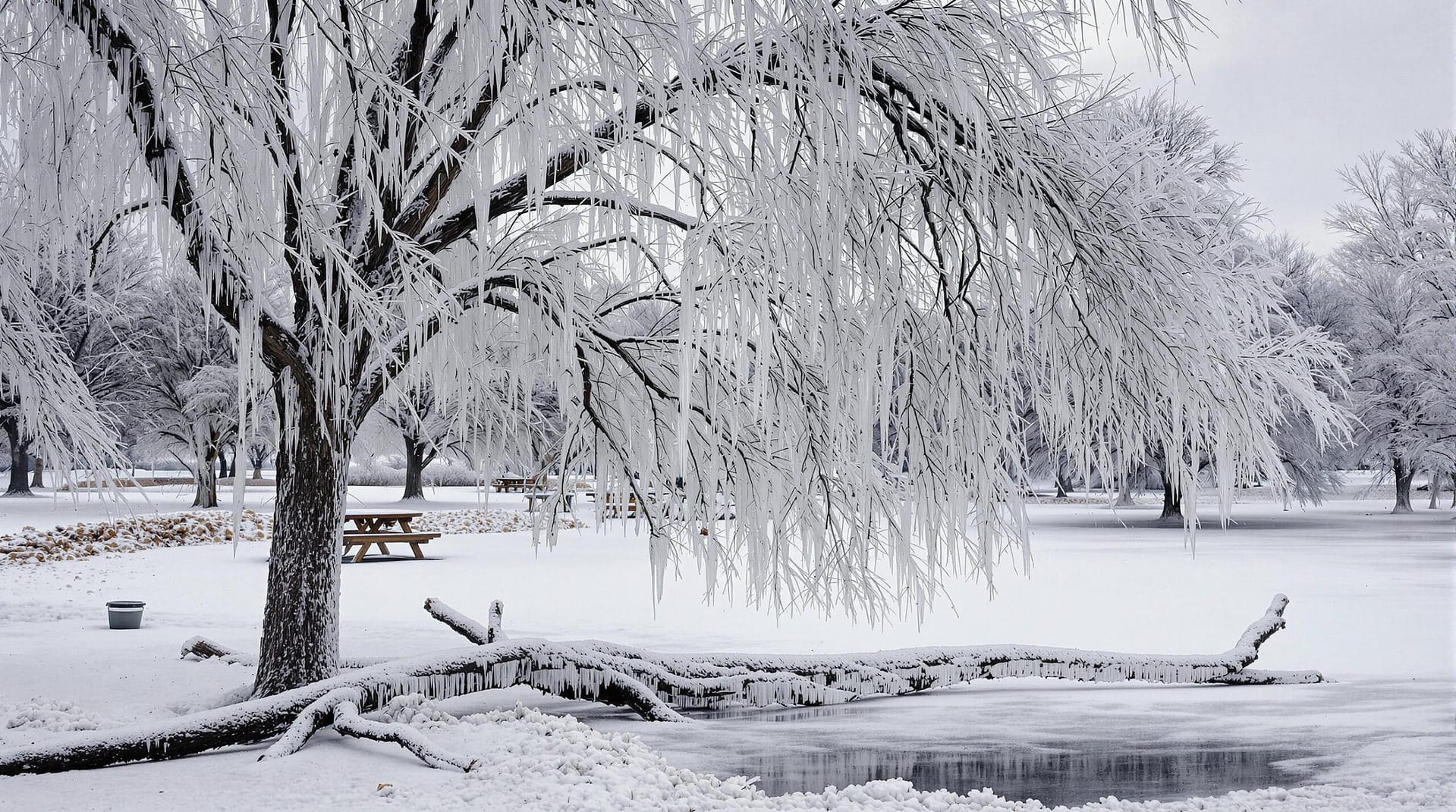 A winter park scene with trees covered in ice and snow, fallen branches on the ground, and a partially frozen picnic area under a gray sky.