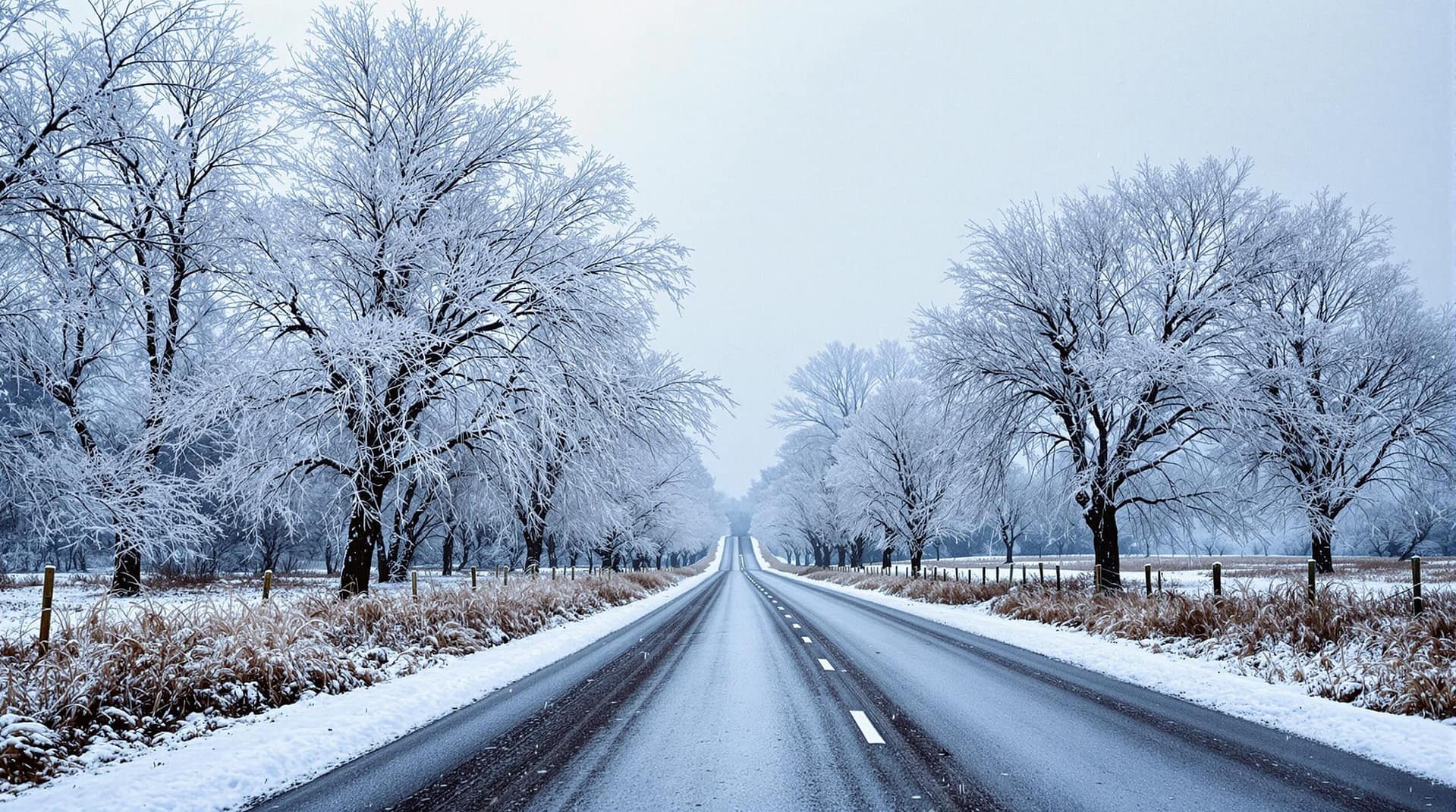 A rural road covered in ice after a winter storm, surrounded by leafless trees coated in ice, with a gentle snowfall and an overcast sky.