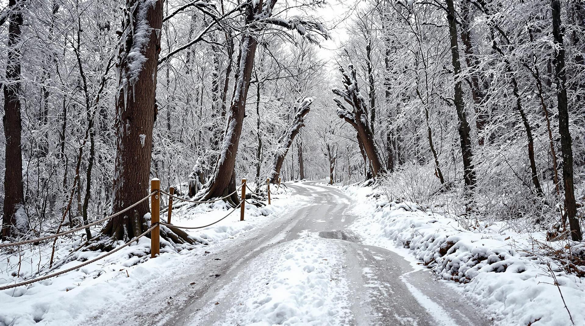 A snowy trail covered in ice with broken tree branches and a rope barrier, indicating closure due to an ice storm in a generic wooded area.