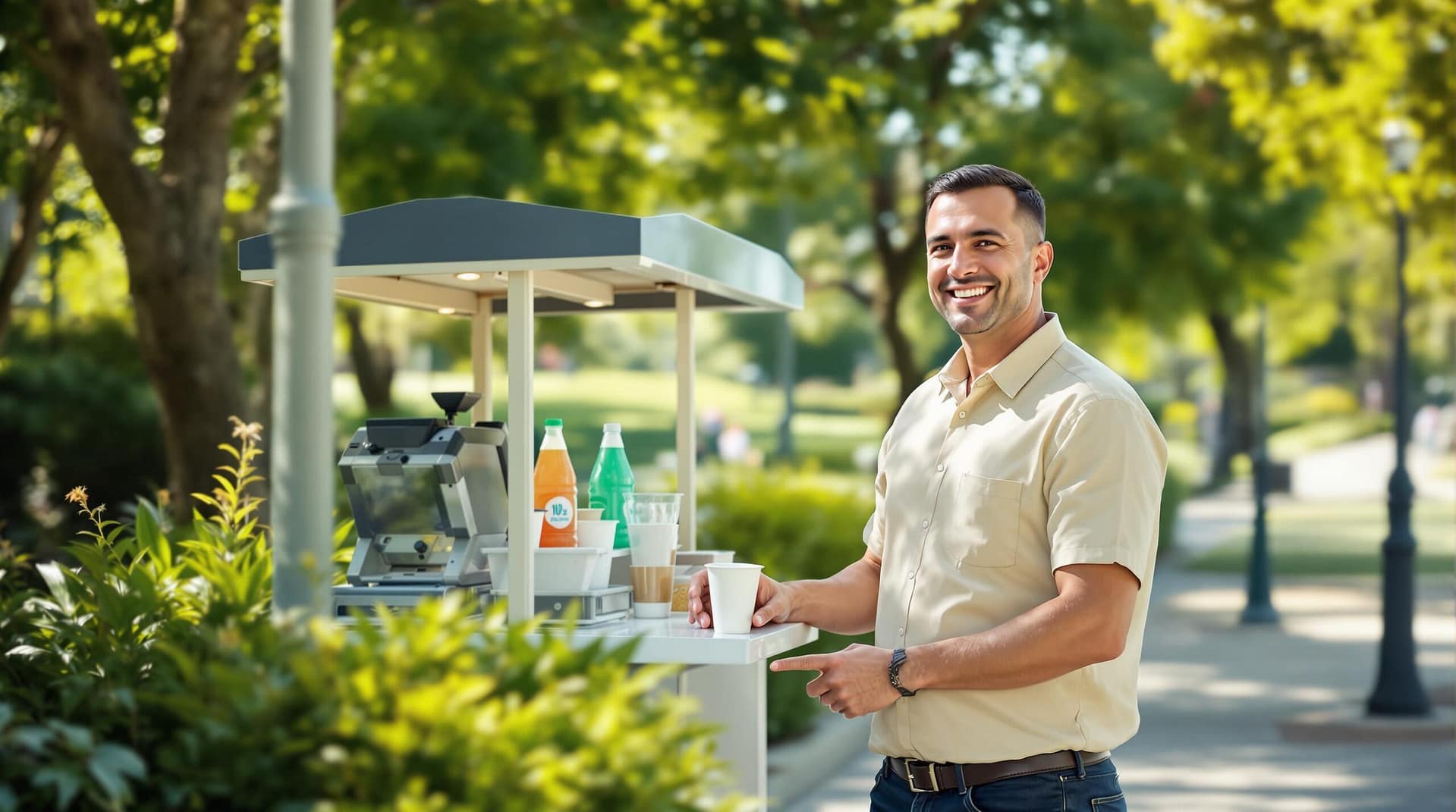 A friendly volunteer at a park concession stand on a sunny day, surrounded by greenery, offering refreshments in a welcoming setting.