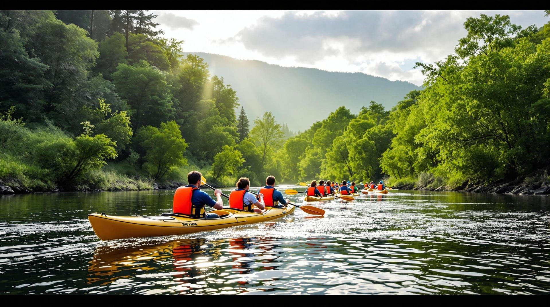 Group of kayakers paddling on a river surrounded by lush greenery under a cloudy sky.