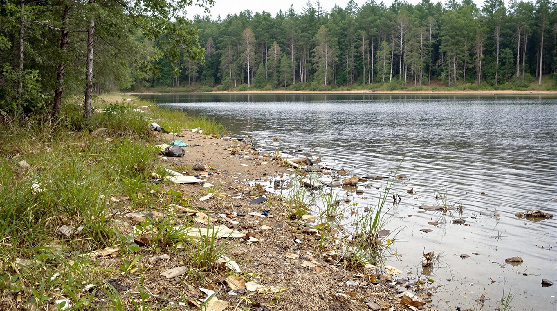 A generic lakeside scene with scattered debris along the shore, tall trees in the background, and still water under an overcast sky, depicting subtle signs of environmental disturbance.