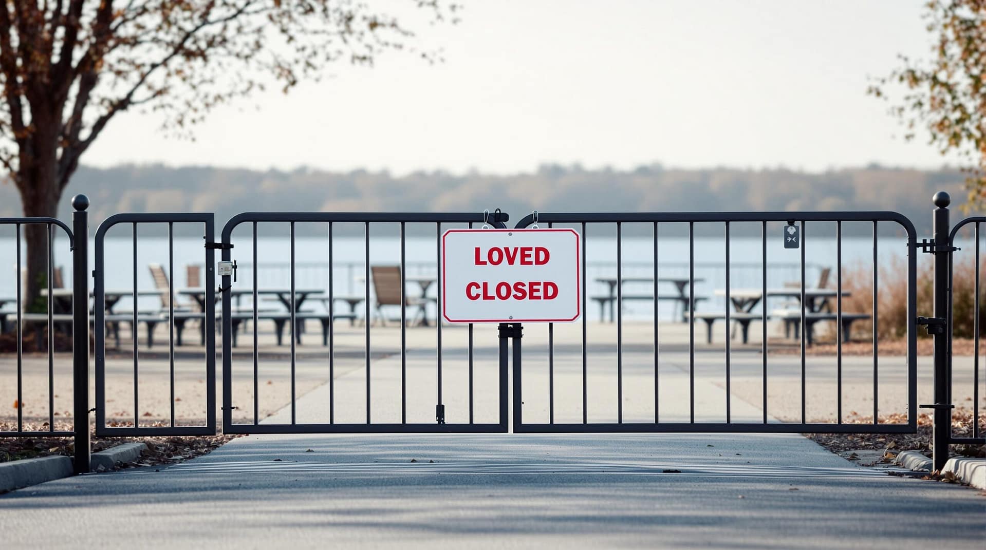 A locked metal gate in front of an empty lakeside recreation area with picnic tables, calm water, and foliage in the background under natural daylight.