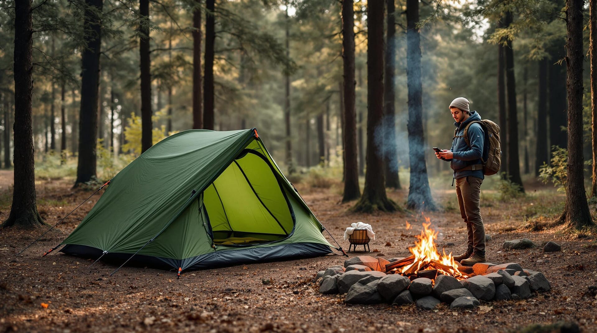 A young hiker stands at a campsite holding a handheld device, with a green tent nearby and a small campfire ring in a forest clearing, under warm natural light.