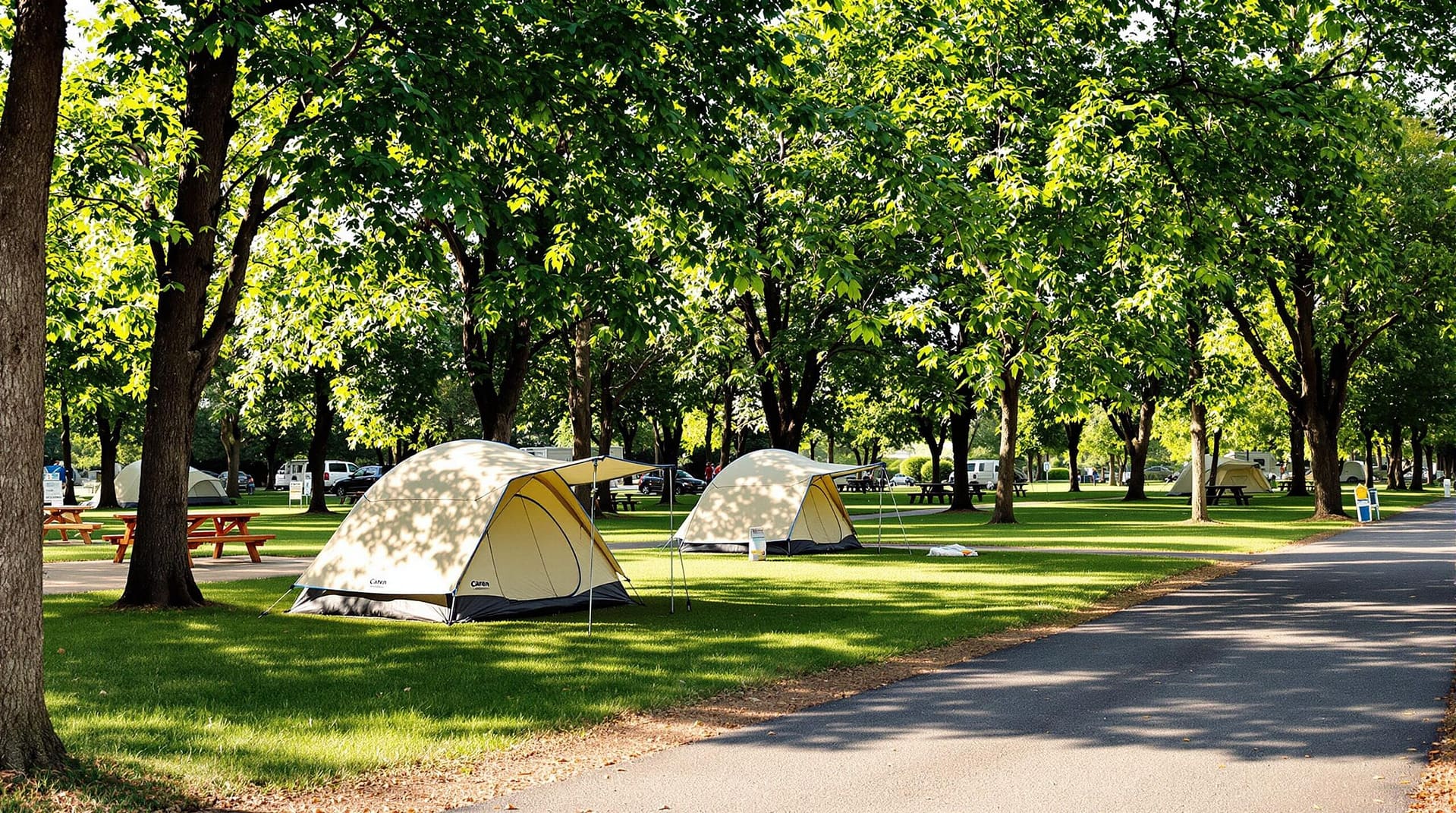A serene campground scene featuring tents and picnic tables surrounded by trees under a clear blue sky, evoking a peaceful outdoor setting.