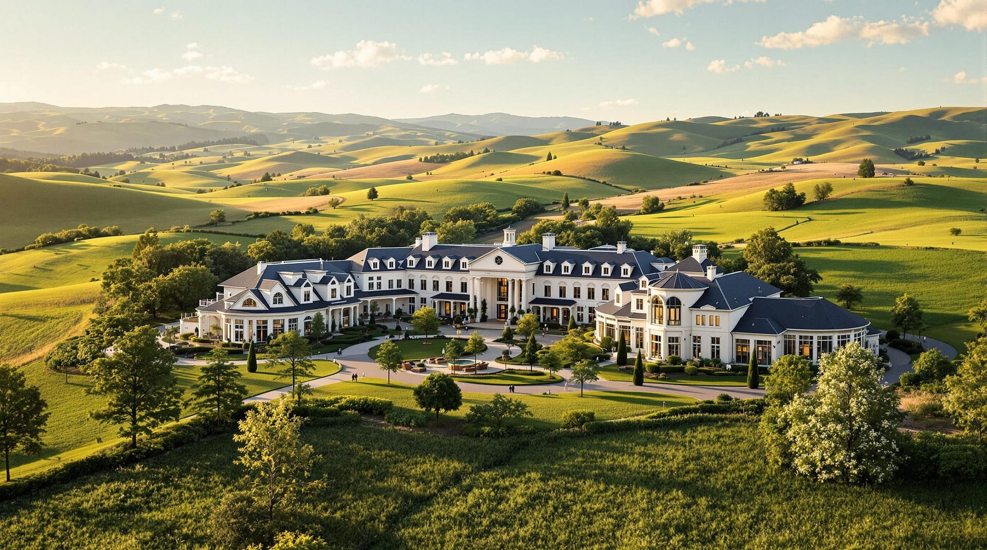 Wide-angle view of a modern resort building amidst rolling green hills, with elegant architecture featuring large windows, surrounded by landscaped greenery under warm, natural sunlight.