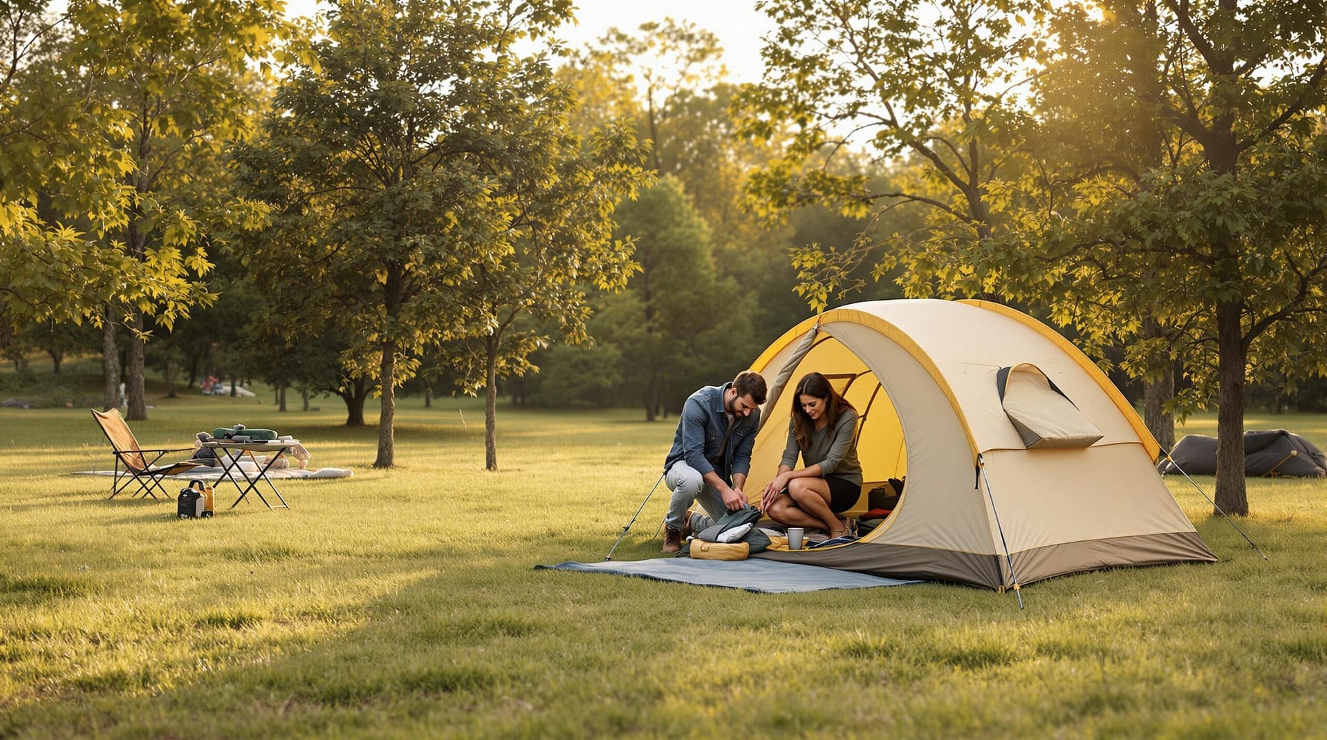 Two campers setting up a neutral-colored tent on grass in a generic campsite, surrounded by soft-focus trees in the background under warm natural light.