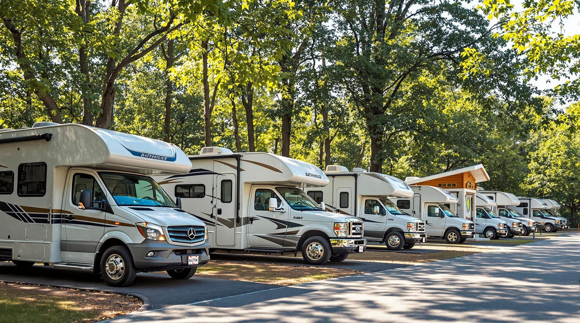 Newly expanded RV campground with modern bathhouse amidst trees.