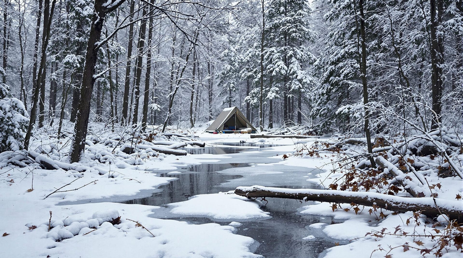 A snowy campsite in a forest showing fallen branches and ice patches after a winter storm, with no people present, under overcast skies.