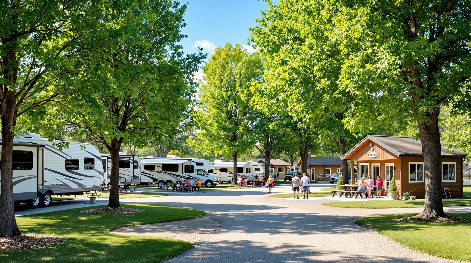 A modern RV campground under a bright midday sky, featuring parked RVs, families enjoying outdoor activities, tall green trees, and a small camp office building in the background.