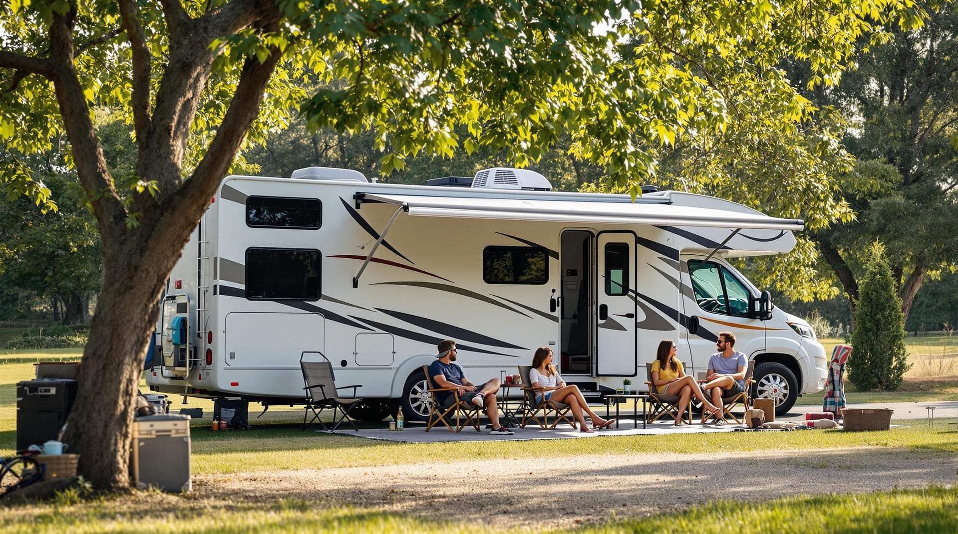 A sleek modern RV set up at a campground surrounded by trees and greenery, with a group of travelers enjoying casual outdoor seating in a relaxed, vacation-like atmosphere.