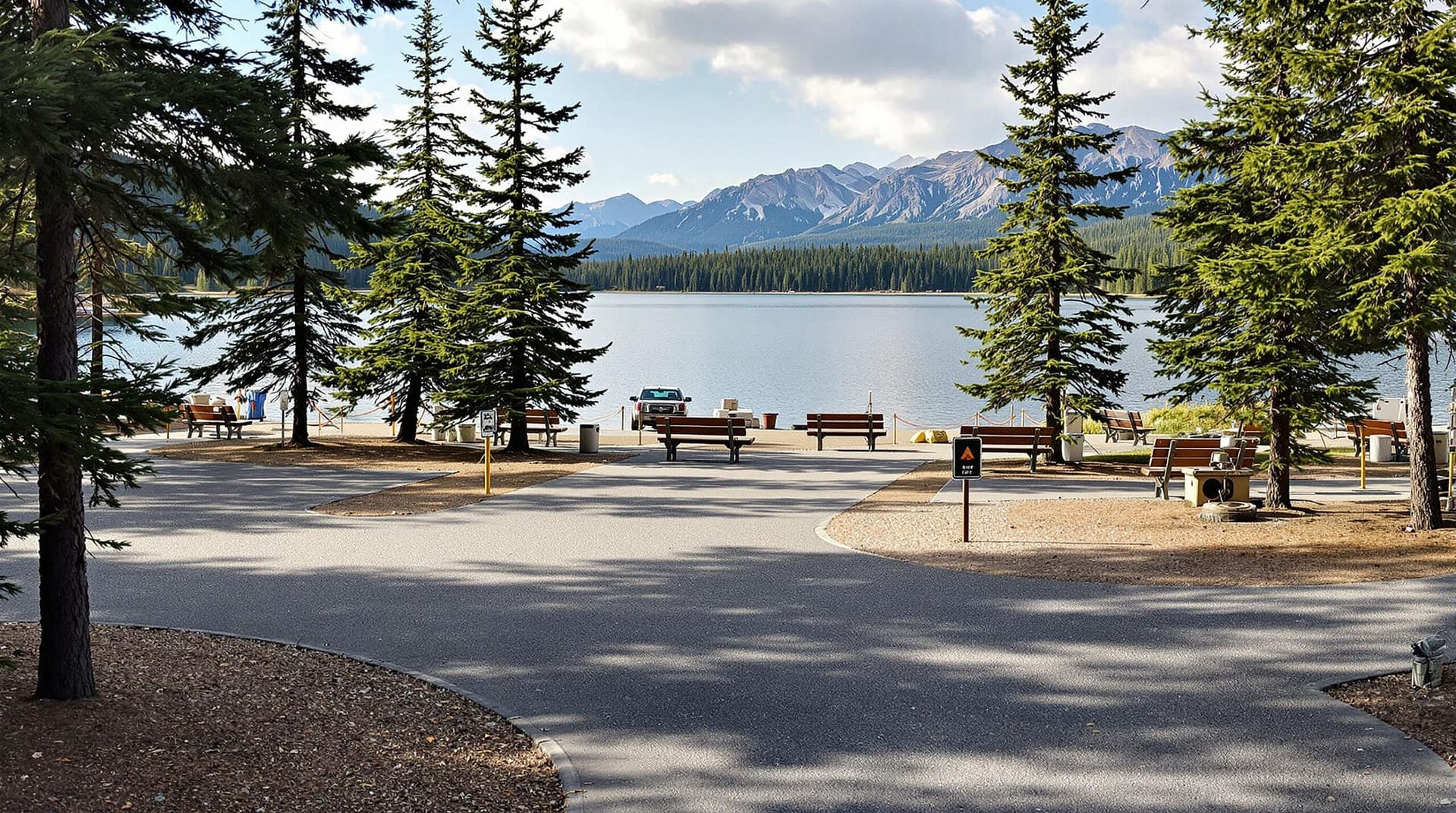 A peaceful lakeside campground with reduced activity, featuring roped-off areas, minimal foot traffic, and evergreen trees against a backdrop of moderate mountains under soft daylight.