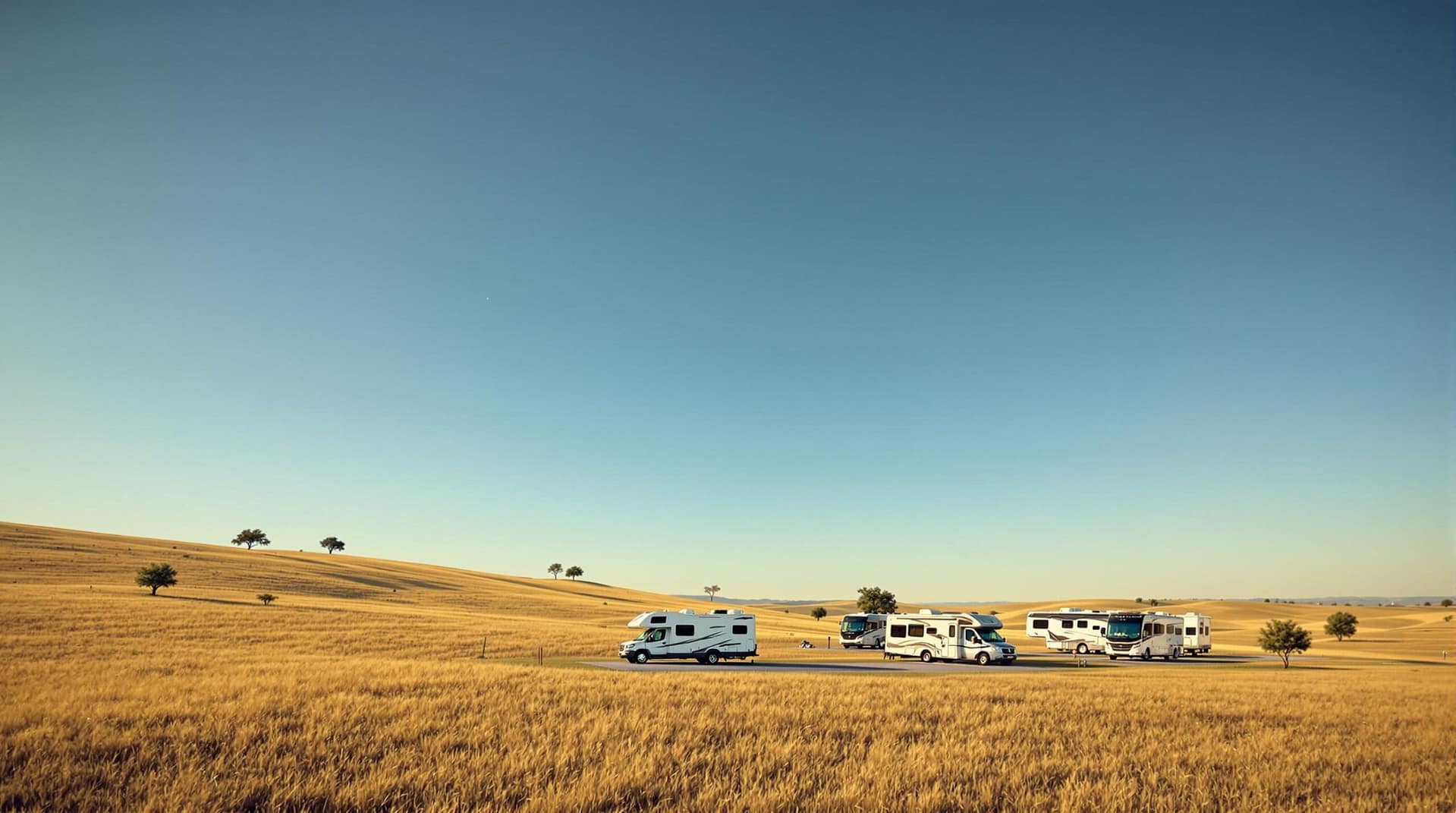 A scenic view of a campsite with several modern RVs parked on grassy terrain under a clear blue sky, surrounded by a few scattered trees, capturing a peaceful and open outdoor setting.