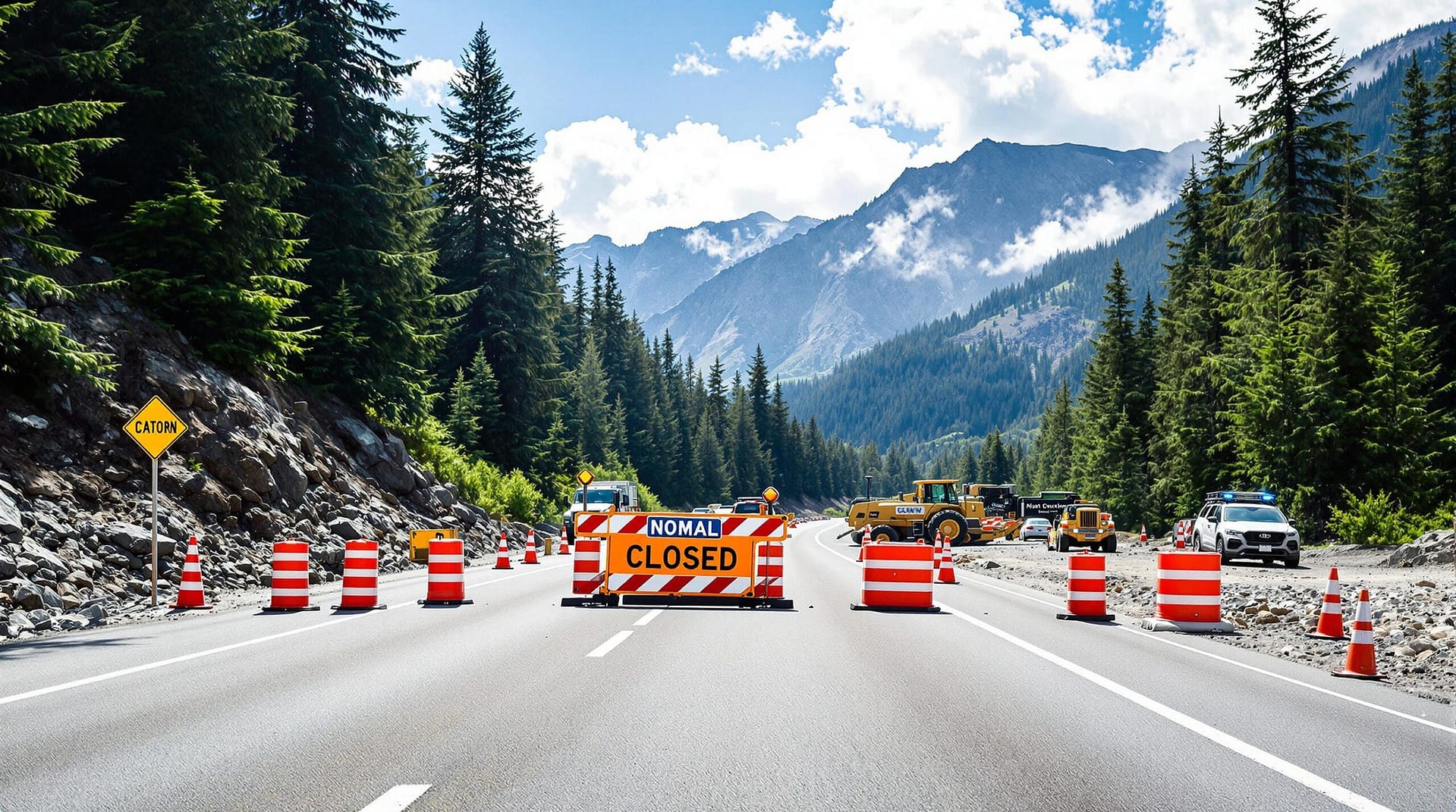 A partially closed mountain road with bright orange traffic cones and a generic barricade, surrounded by lush evergreen trees, under a clear blue sky.