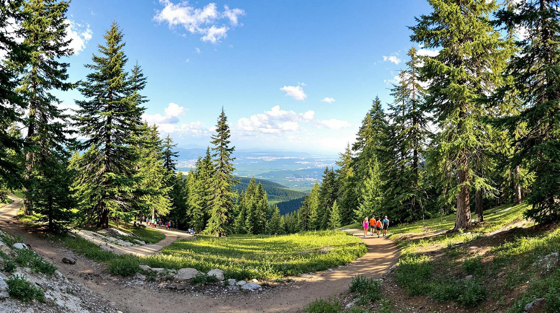 A group of hikers walks along a dirt path surrounded by tall evergreens in a serene, generic national park setting under a clear blue sky.