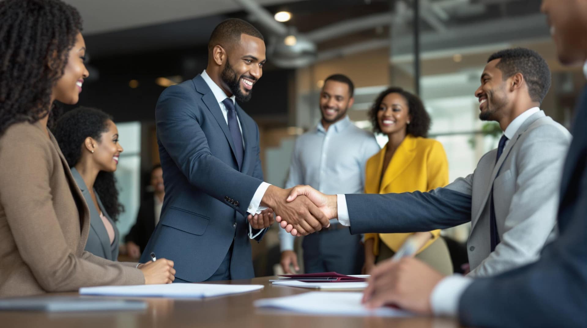 A professional indoor meeting with diverse individuals in formal attire, one person in the foreground shaking hands with another near a table holding official documents, captured in bright lighting with a shallow depth of field.