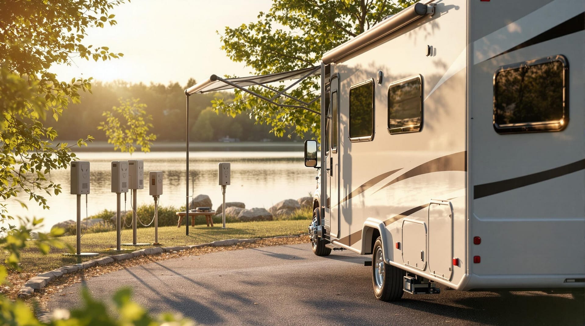 A modern RV parked next to upgraded electrical pedestals at a generic waterfront campsite, surrounded by lush greenery with calm water in the background, captured in warm daylight.