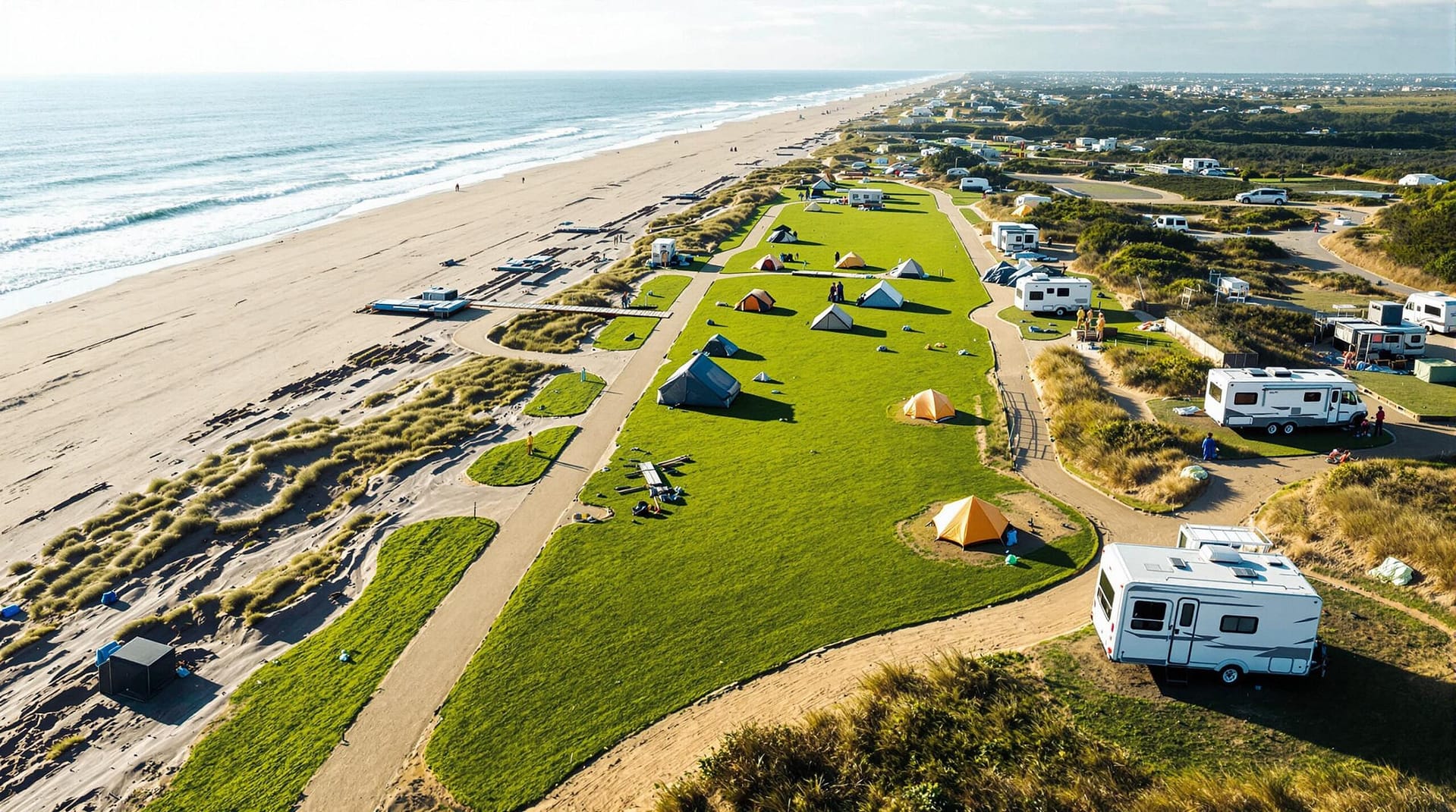 A coastal park under light construction with new pathways, partially assembled boardwalks, RVs, and tents on grass near a sandy shoreline, under soft sunlight.