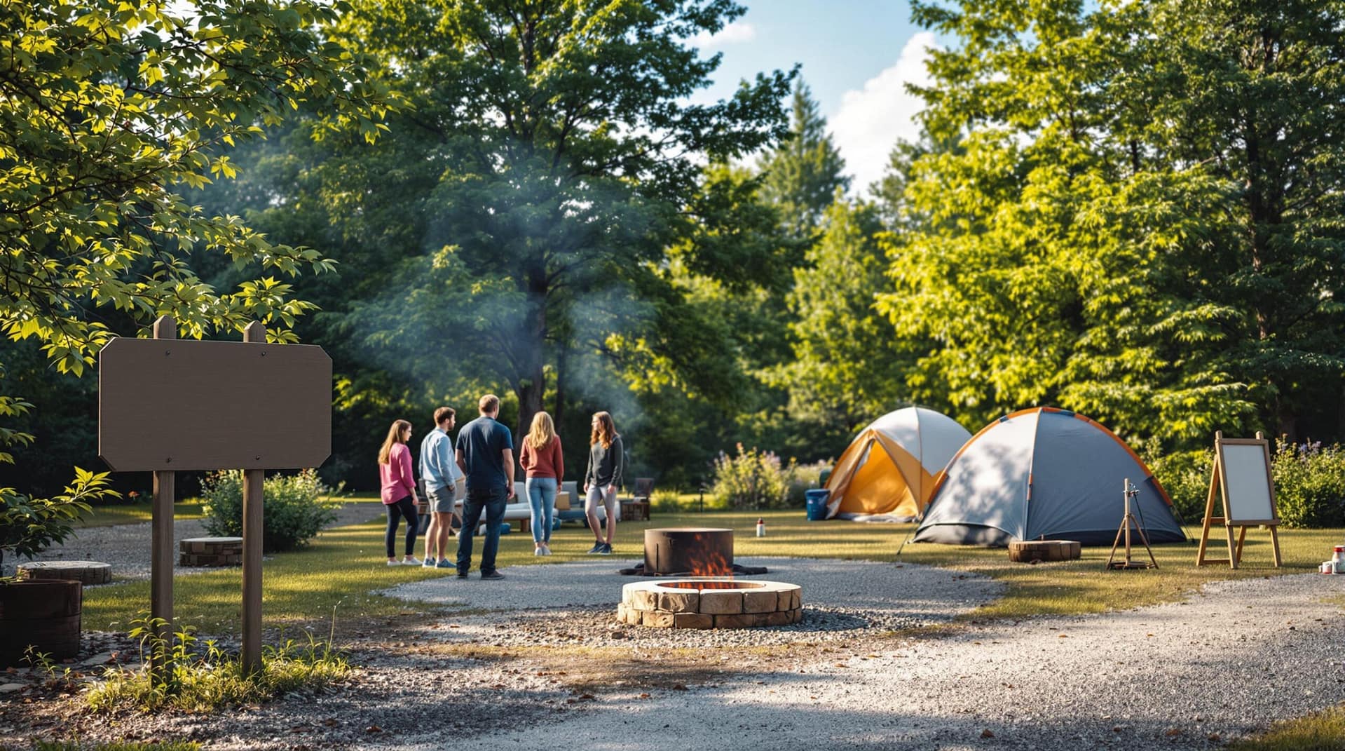 A group of people gathered at a campground with tents and a fire ring, surrounded by greenery on a clear day.