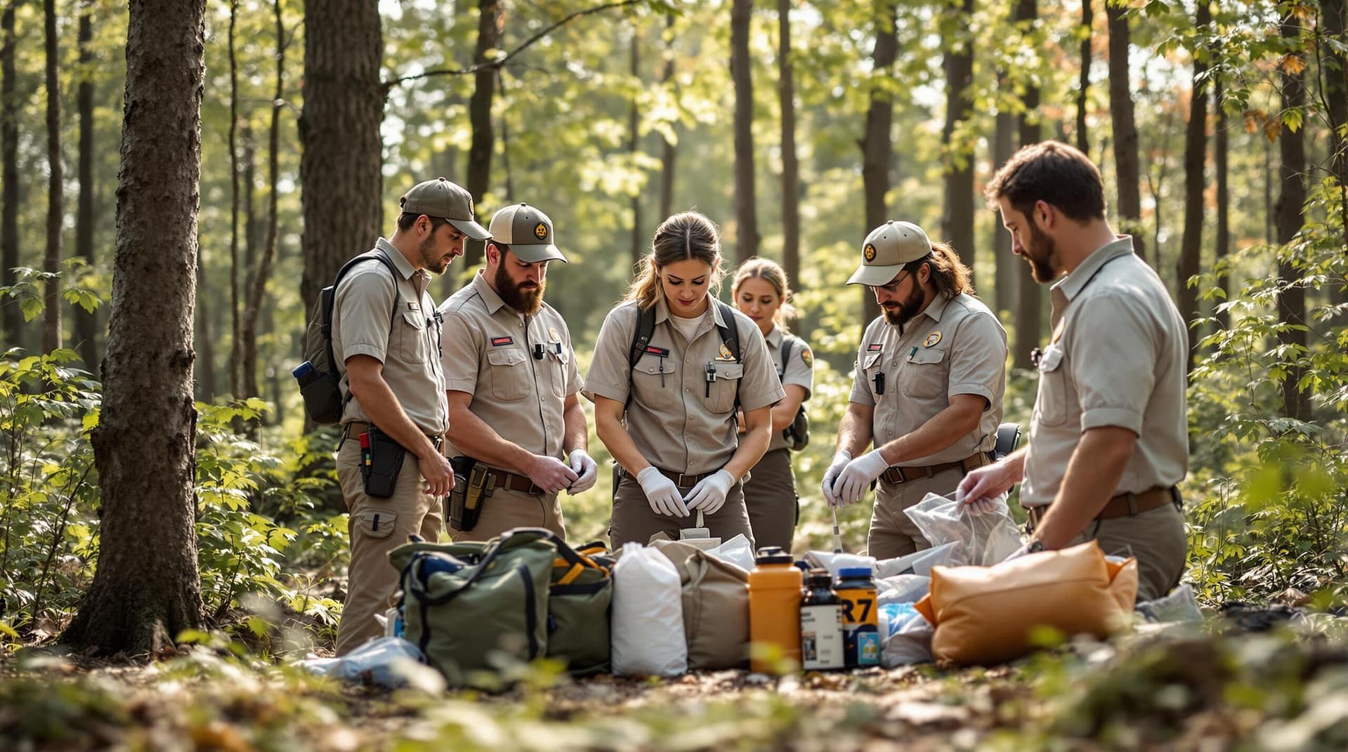 A group of people demonstrating outdoor emergency training in a wooded area, practicing first-aid techniques, surrounded by eco-friendly supplies, with sunlight filtering through the trees.