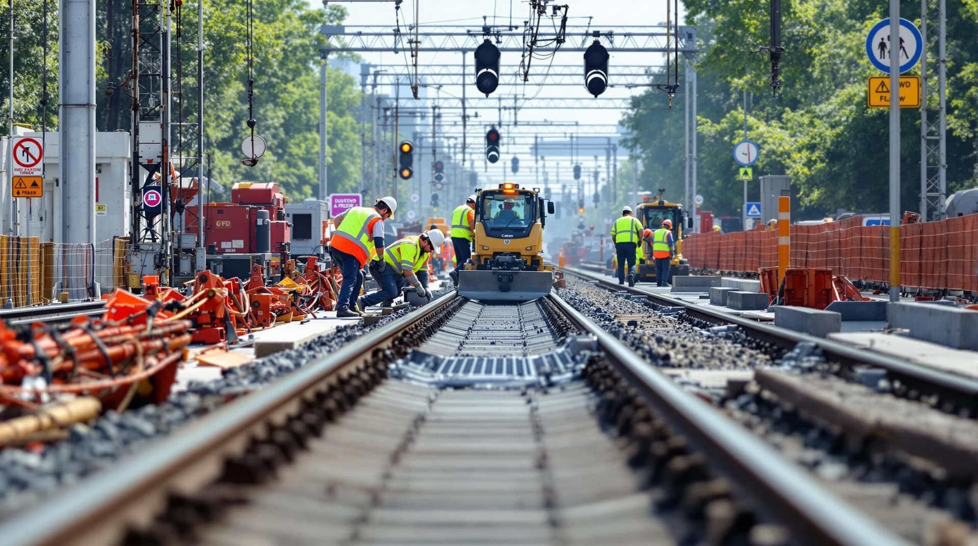 Construction workers in high-visibility clothing installing railway tracks at an expansion site during daylight, with equipment visible and an unidentifiable, blurred background.