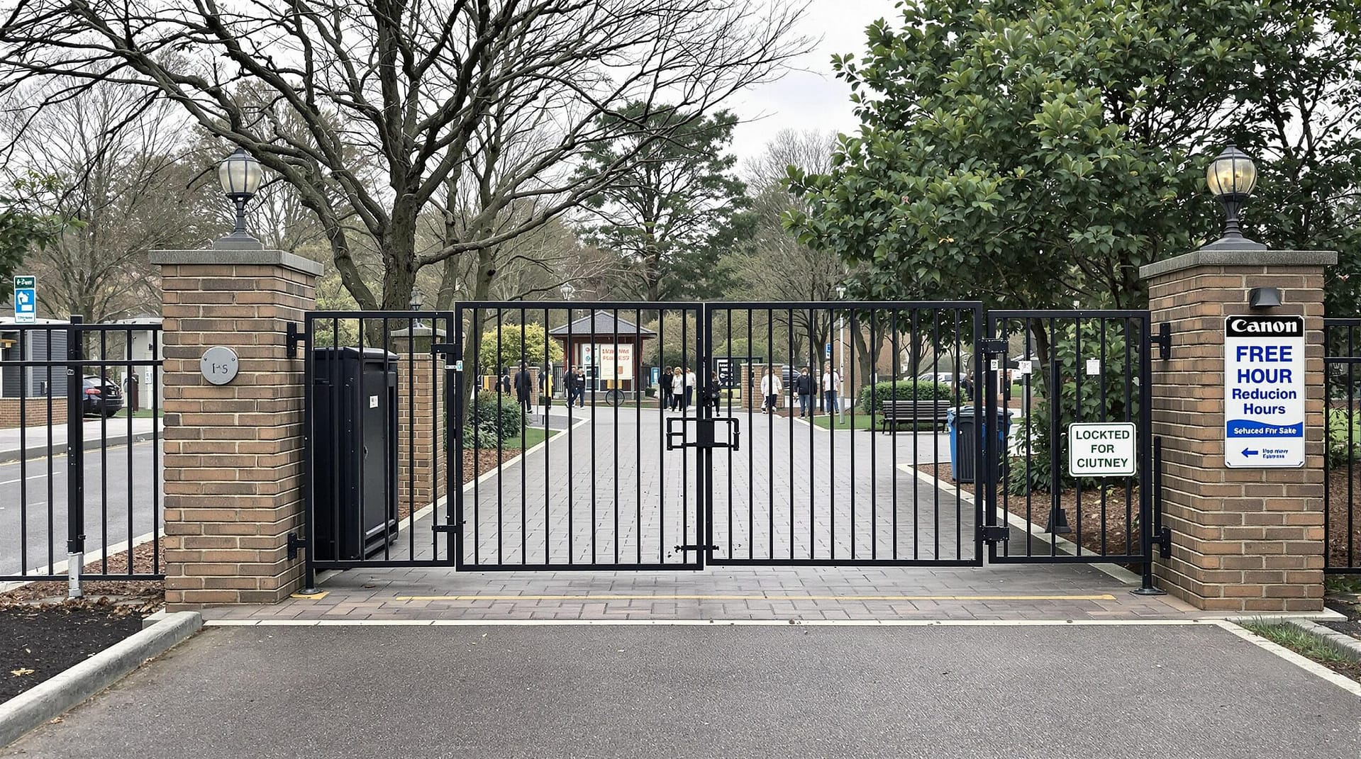 A locked gate in the foreground of a small, empty outdoor recreation area with an overcast sky, illustrating reduced hours and minimal foot traffic.