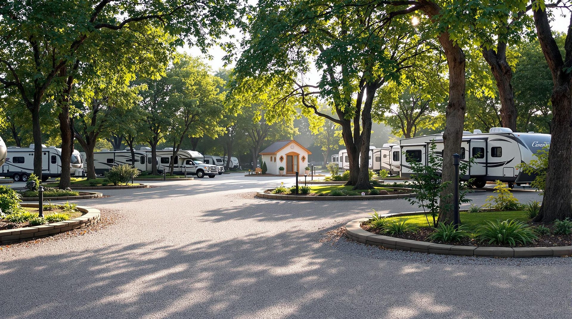 A tree-lined RV campground with newly renovated campsites, showcasing modern utility hookups and parked RVs under morning sunlight filtering through the trees, with a small bathhouse in the background.