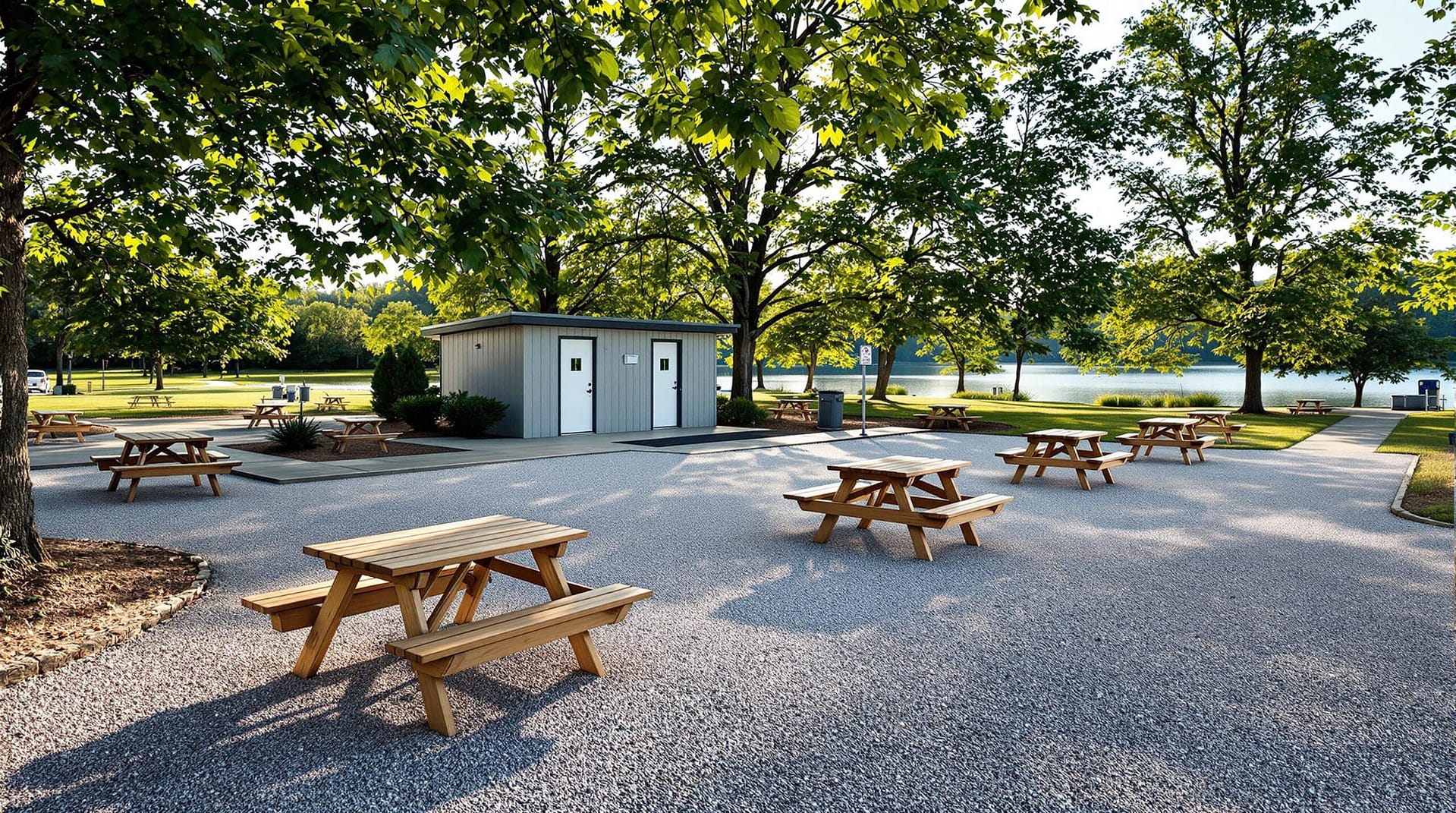 A renovated lakeside campground with gravel campsites, new wooden picnic tables, a modern restroom building, surrounding greenery, and mature trees under filtered sunlight.