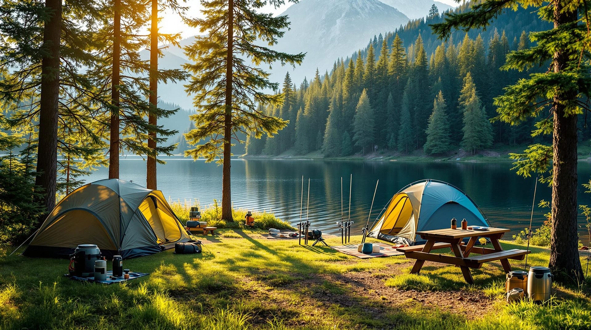 A serene campsite with tents by a freshwater lake, fishing rods by a picnic table, surrounded by tall evergreen trees under warm sunlight.