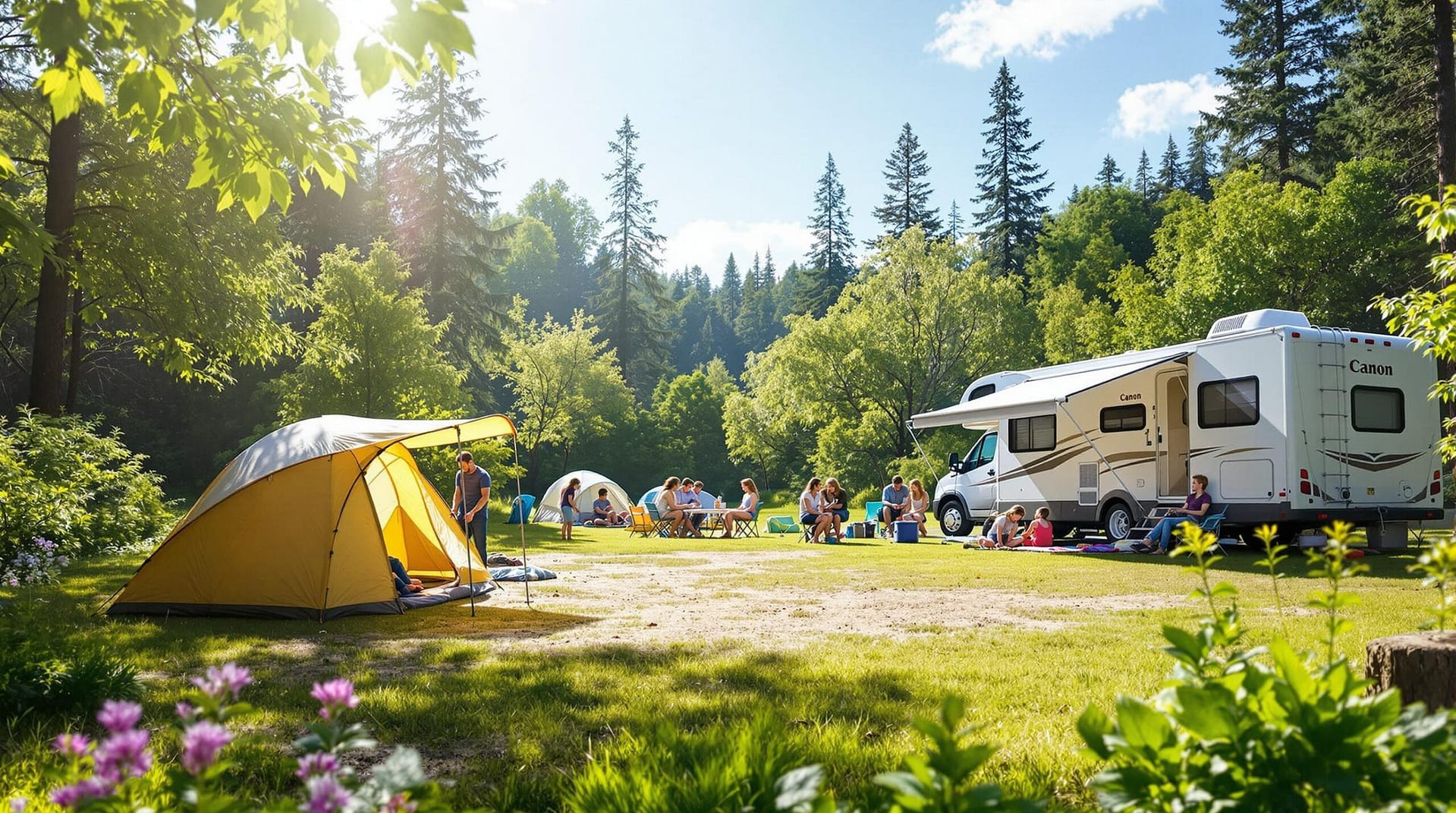 A lively campsite with families setting up tents and an RV, surrounded by green trees on a sunny spring day.