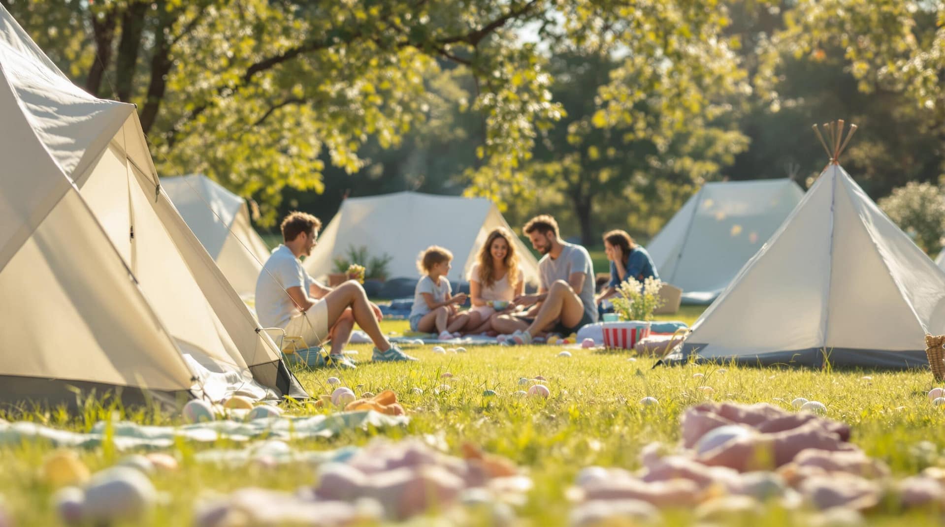 A family-friendly camping scene with people setting up tents on a grassy field, decorated with pastel Easter elements, under a bright, clear sky.