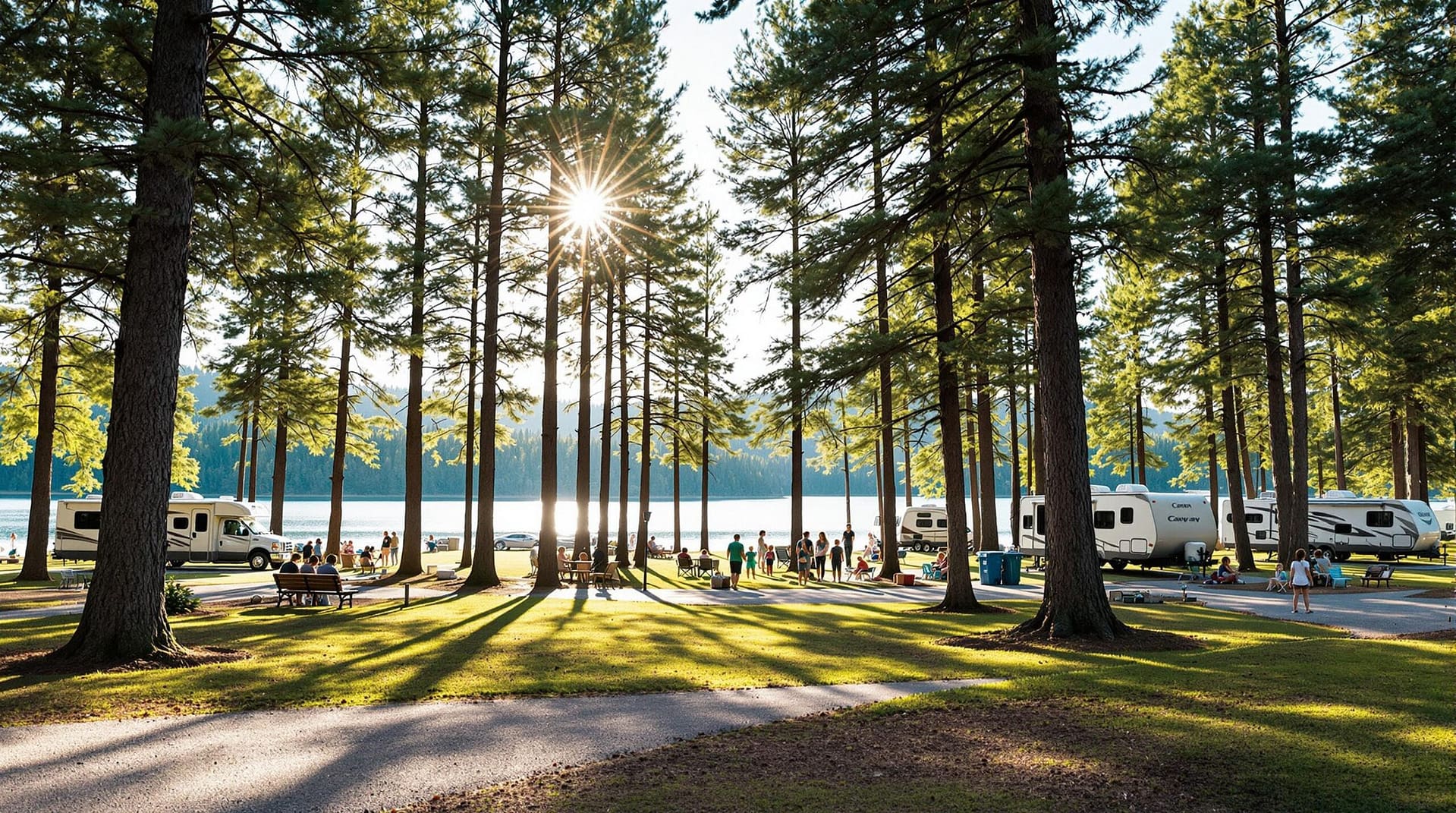 A scenic campground with RVs parked among tall pine trees, families relaxing, and children playing near a calm waterfront under soft natural light.
