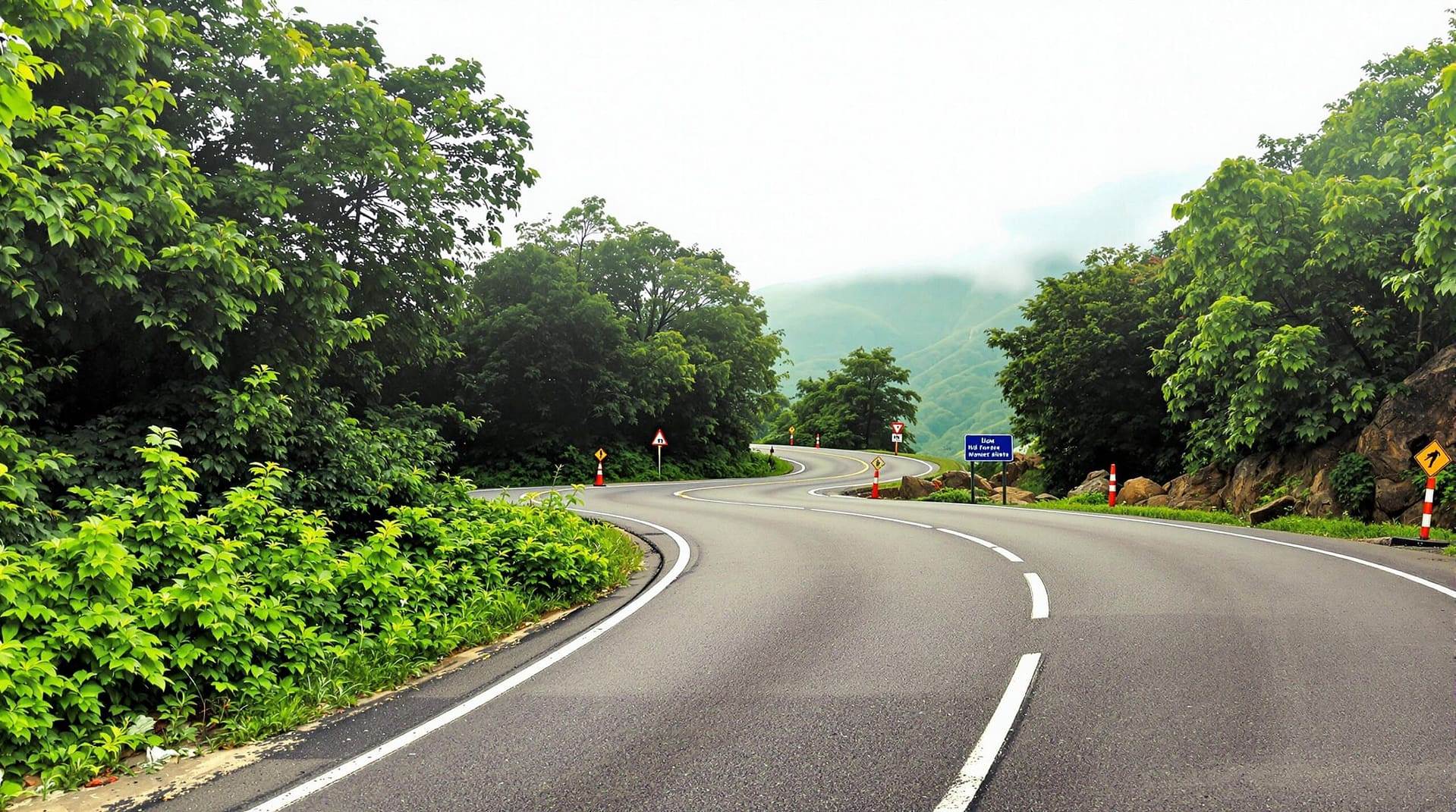 A scenic mountain road with gentle curves, bordered by lush greenery and a softly overcast sky, featuring construction cones and minimal signage without visible text, providing a generic stock photo feel.