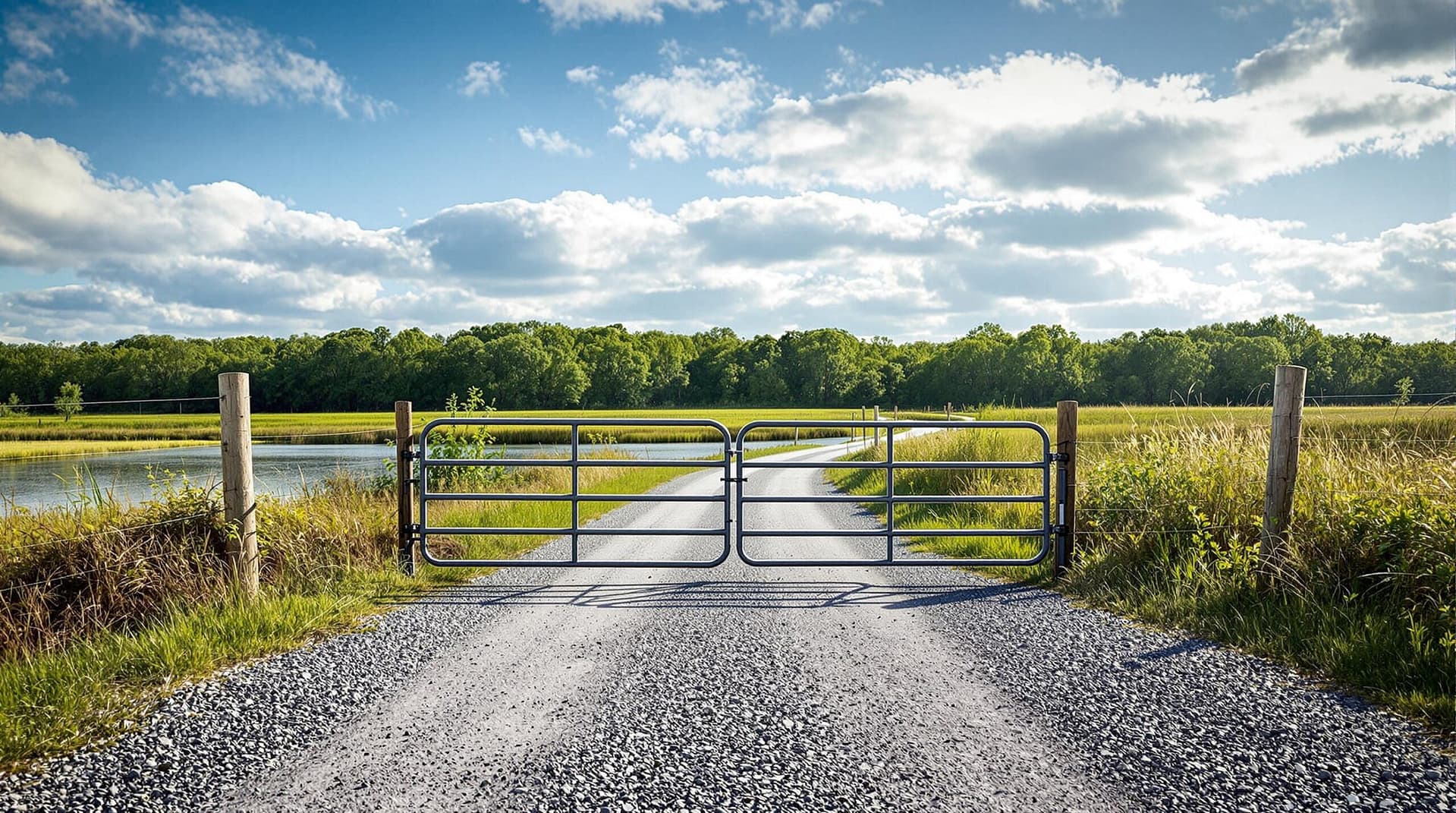A metal gate blocks a gravel road near a river, surrounded by trees under a partly cloudy sky.