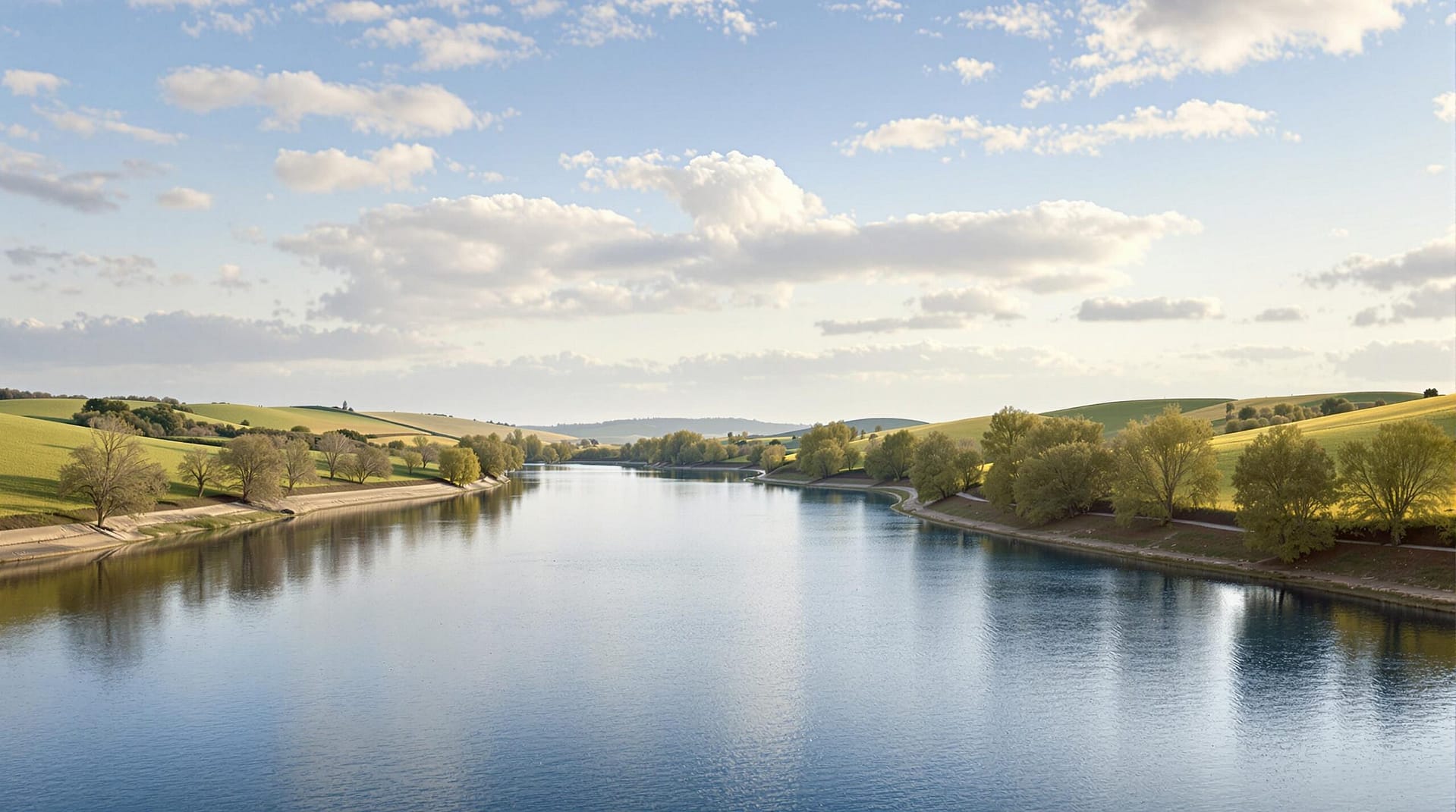A serene river meanders through lush, tree-lined banks under a partly cloudy sky, capturing the tranquility of nature in daylight.