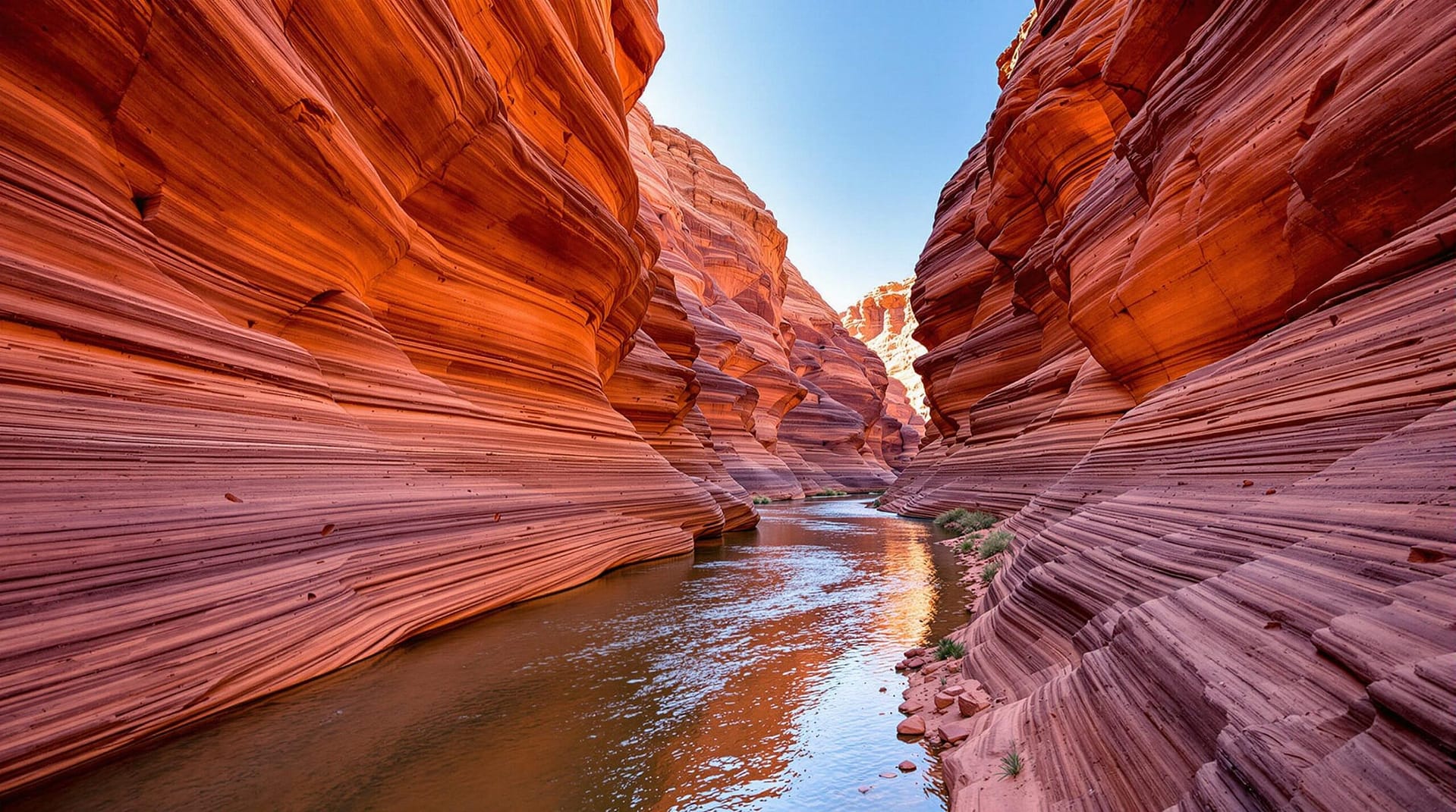 A narrow desert canyon with layered red rock walls and a shallow river flowing through the canyon floor under a clear blue sky.