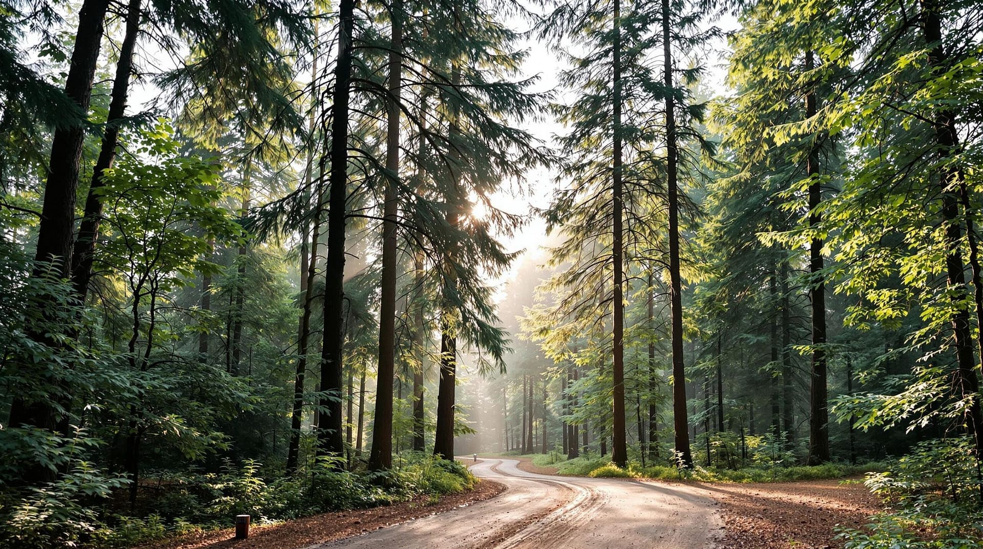 A tranquil forest scene with tall evergreens and deciduous trees, illuminated by soft morning light, with a dirt path winding through the lush greenery.