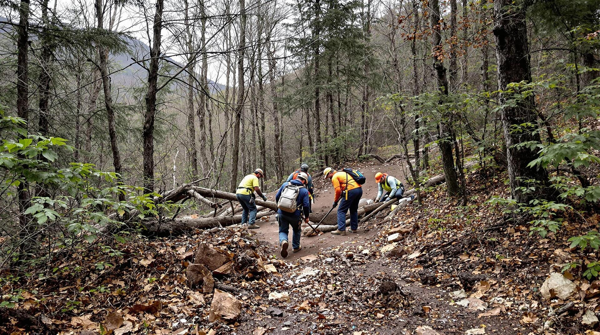 Volunteers clearing a wooded trail with fallen branches and debris on an overcast day, highlighting maintenance efforts.