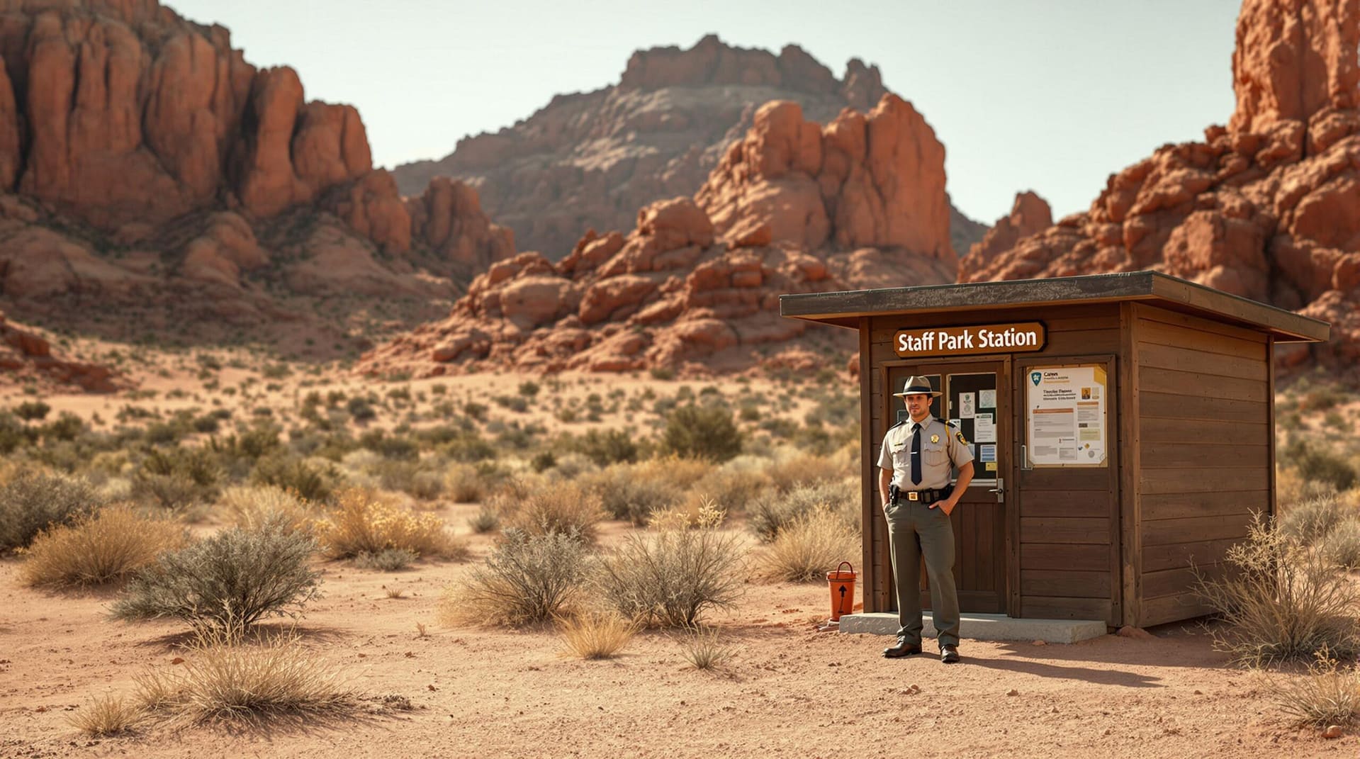 A park ranger in a neutral uniform stands beside a small, unmarked wooden station in a generic southwestern desert landscape, with red rock formations and sparse vegetation in the background under warm daylight.