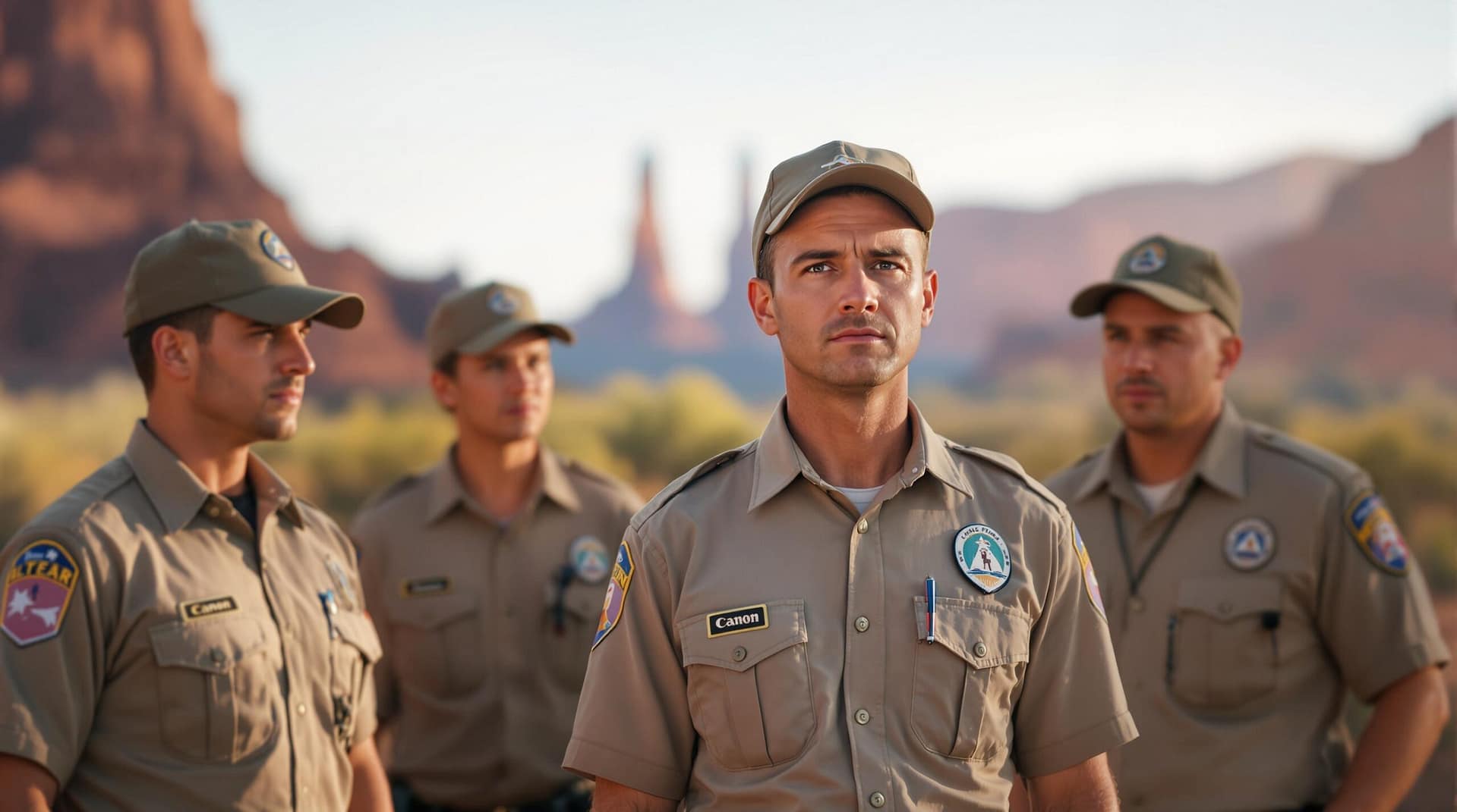 A group of park staff in uniform stands in a desert environment with red rock formations in the background, looking concerned, under warm natural lighting.