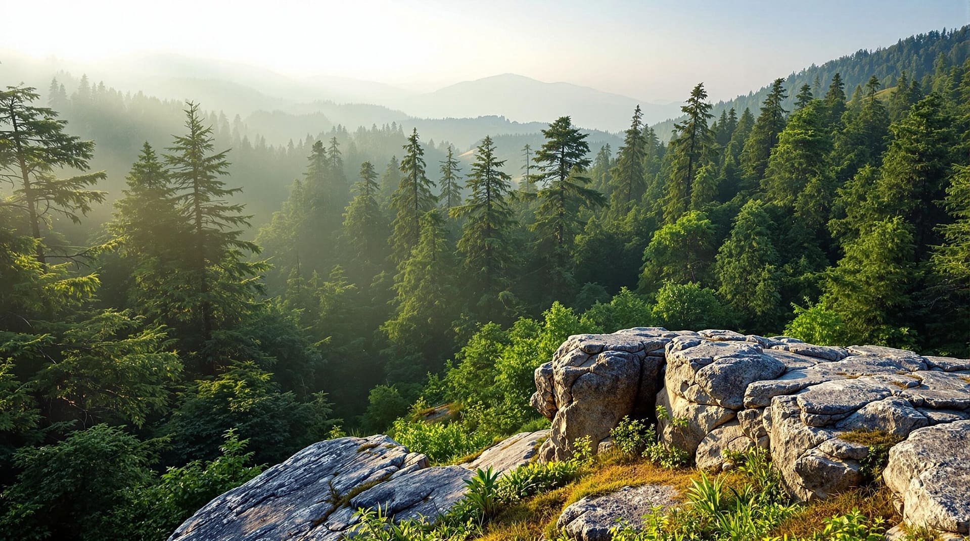 A lush forest scene with a rocky outcrop, tall green trees, and sunlight filtering through the canopy, set against a backdrop of misty rolling hills.