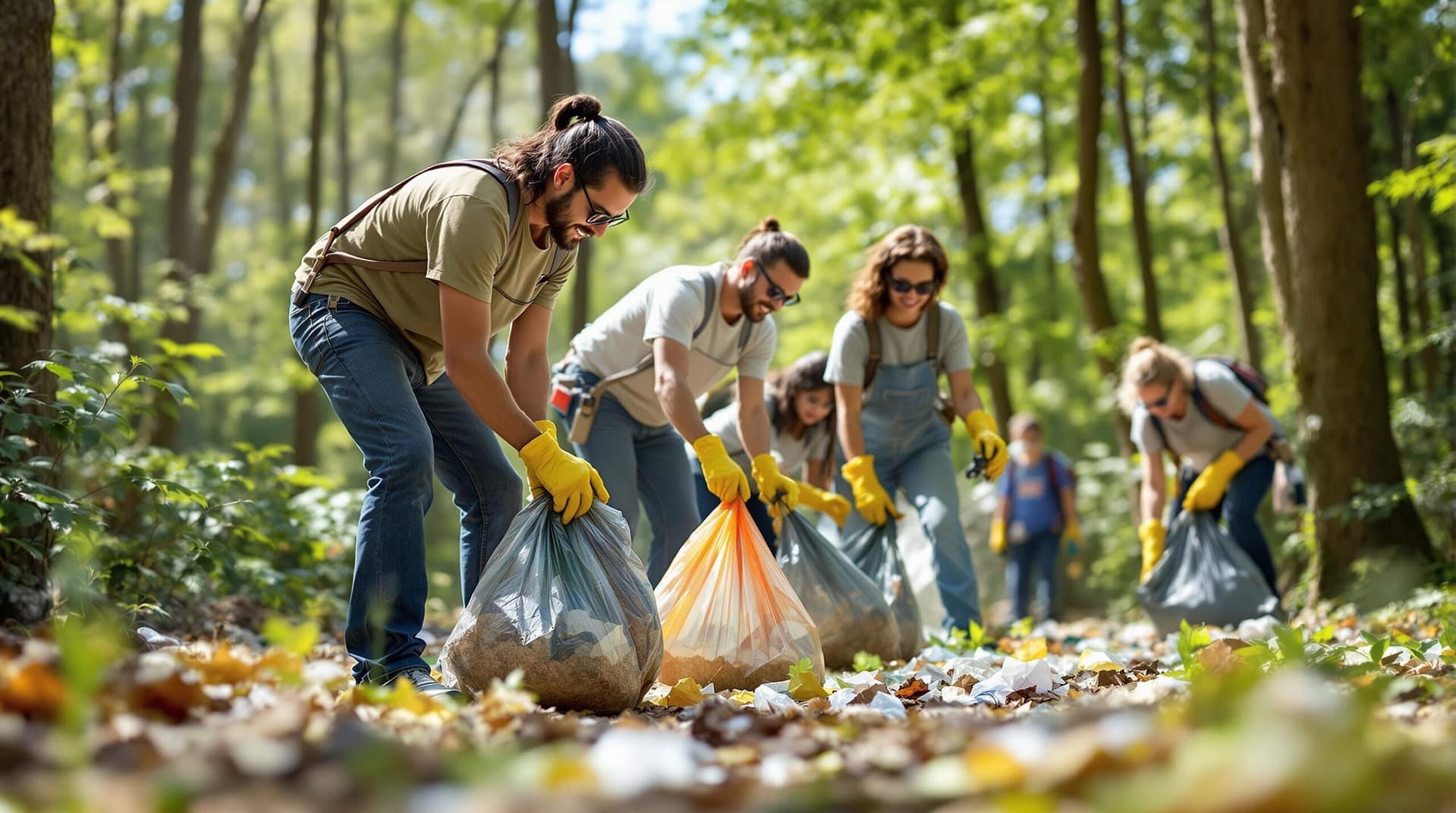 A group of volunteers cleaning up litter in a wooded area, collecting trash in large bags on a sunny day, surrounded by trees and natural greenery, with a focus on teamwork and environmental conservation.