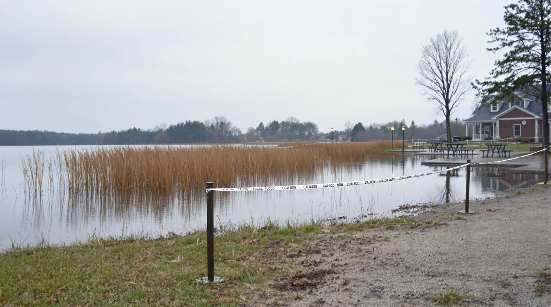 A flooded lakeshore campground with barricade tape, empty picnic tables, tall grass, and an overcast sky.