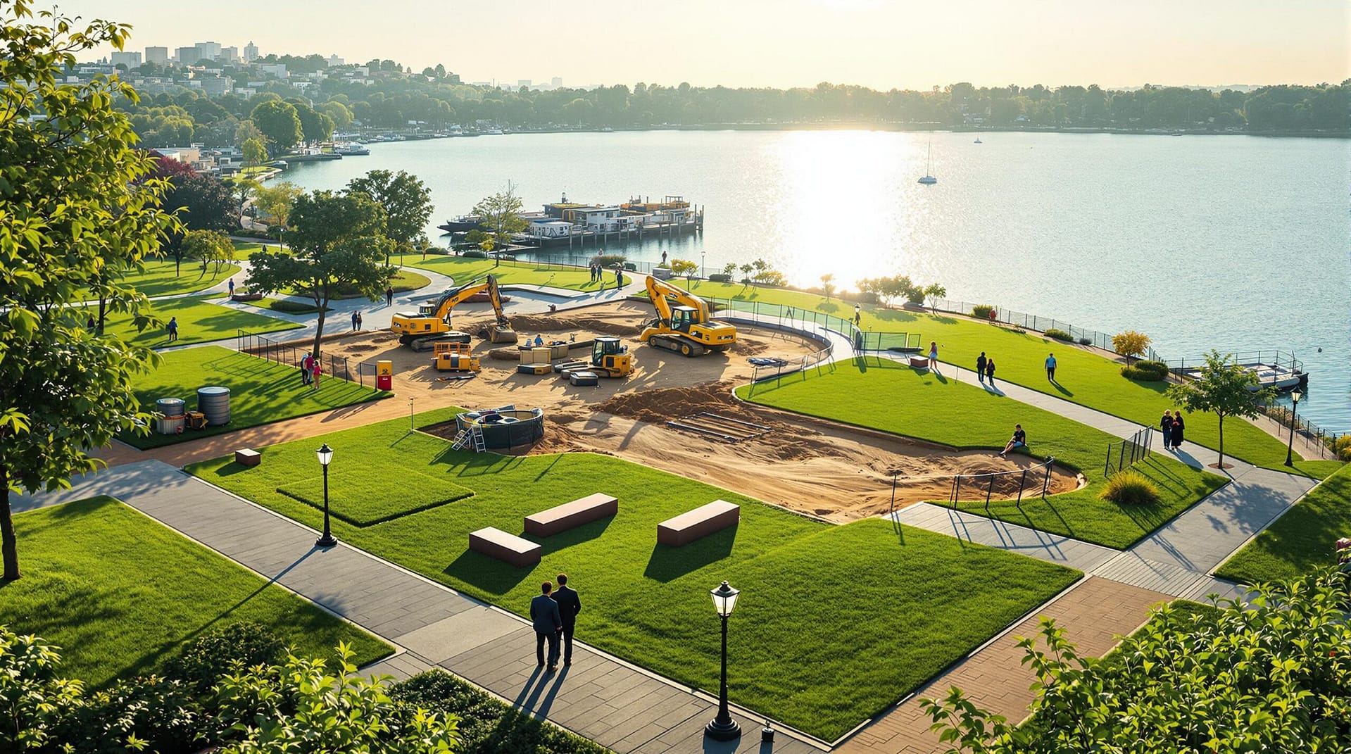 A scenic waterfront park under renovation with construction equipment, green lawns, and walking paths in the foreground, set against a lake backdrop under early morning sunlight. Visitors stroll casually, highlighting ongoing improvements in a vibrant, optimistic atmosphere.