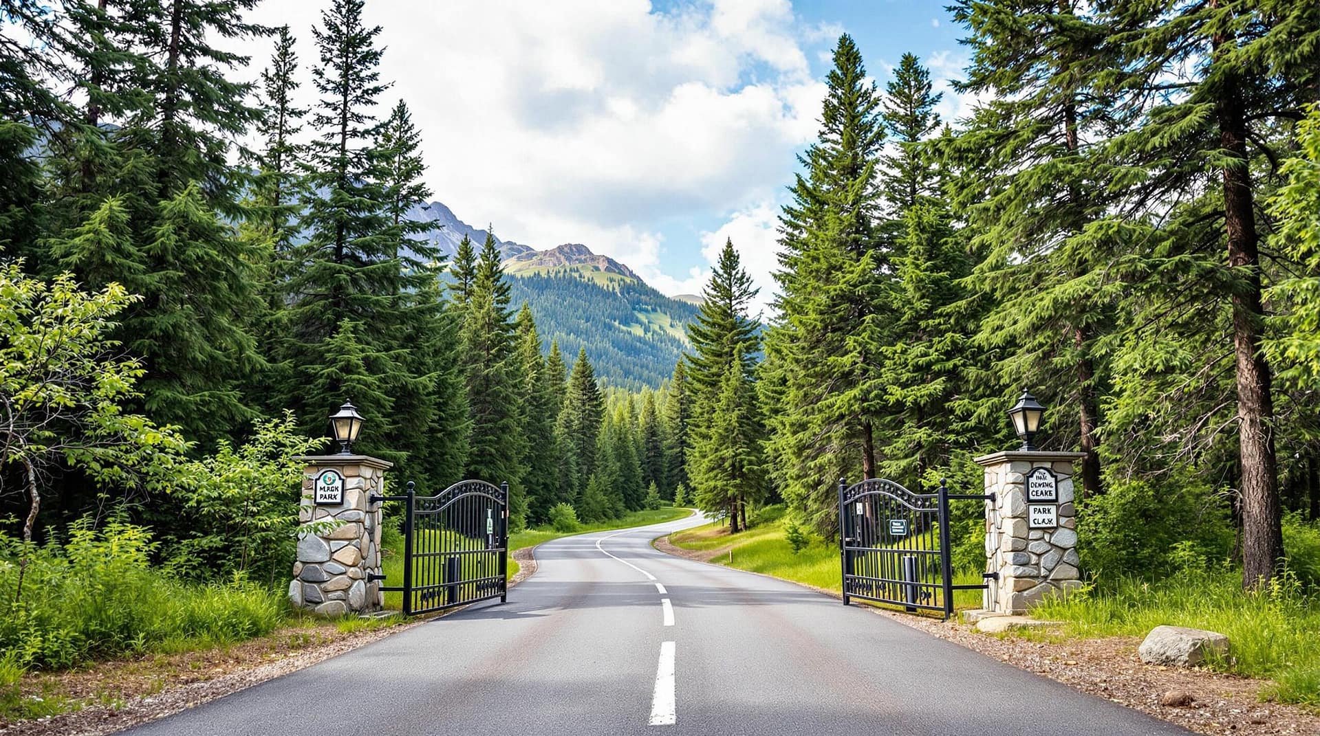 A generic park entrance gate in a forested area with a paved road curving into the distance, surrounded by tall pine trees under a partly cloudy sky.