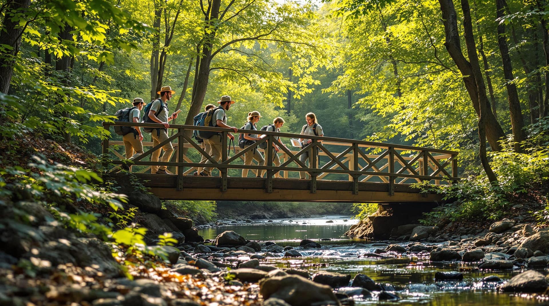 A group of diverse park rangers and volunteers inspect a newly restored wooden trail bridge over a stream in a sunlit forest as hikers walk by, symbolizing park maintenance and public enjoyment.